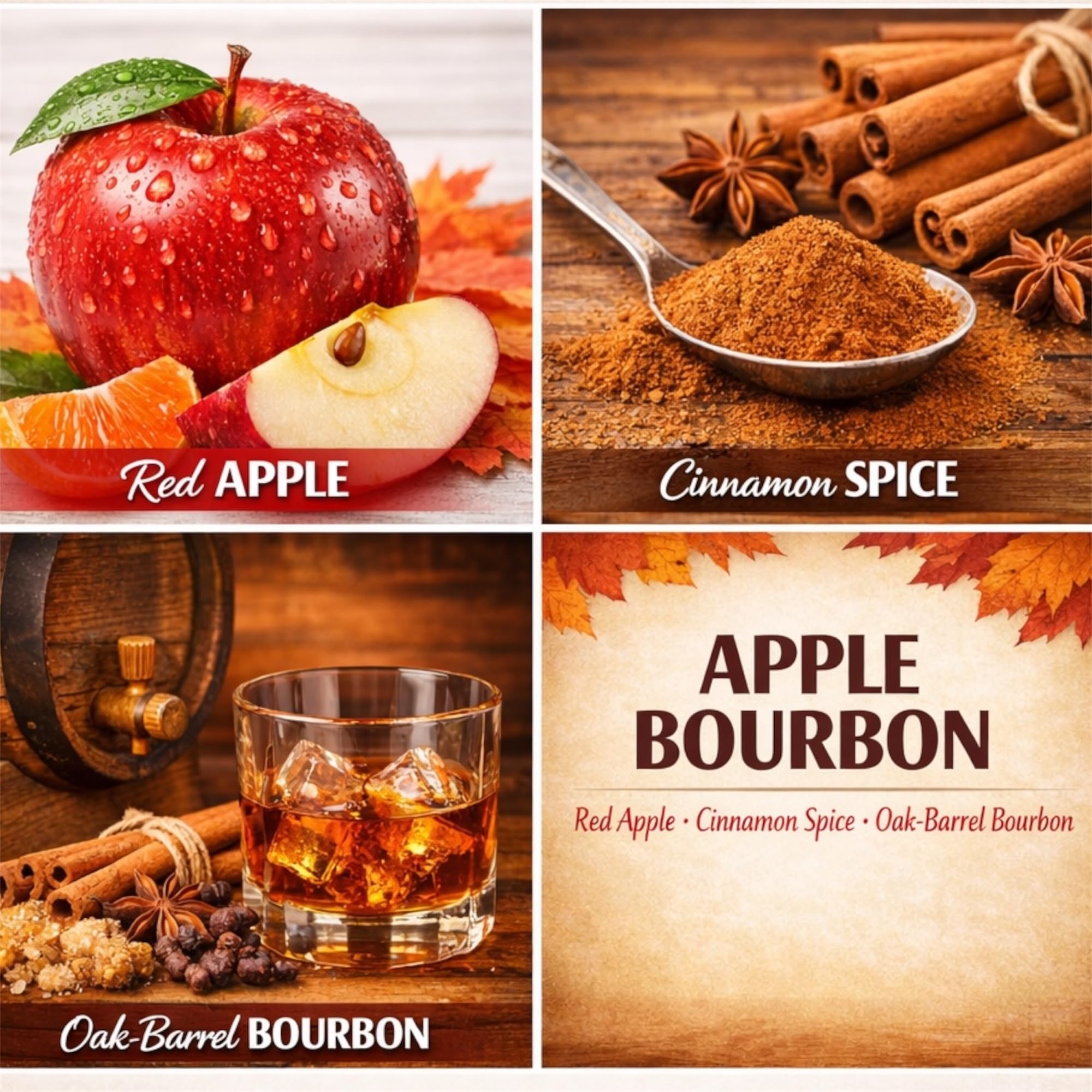 Apple Bourbon 3-Wick Candle, 14.5 oz Soy Wax Blend, Red Apple, Cinnamon Spice, Oak-Barrel Bourbon