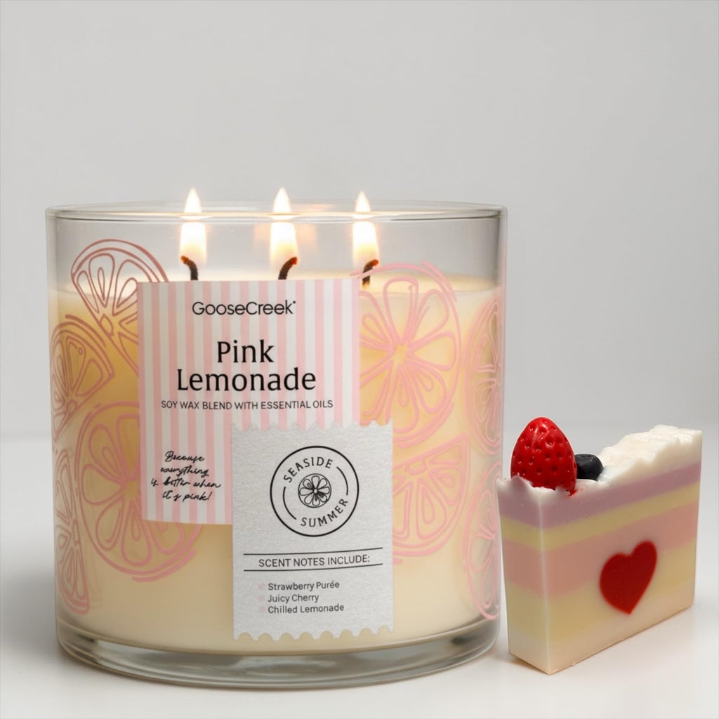 Pink Lemonade Scented Candle, Soy Wax Blend with Essential Oils, Strawberry Purée, Juicy Cherry & Chilled Lemonade