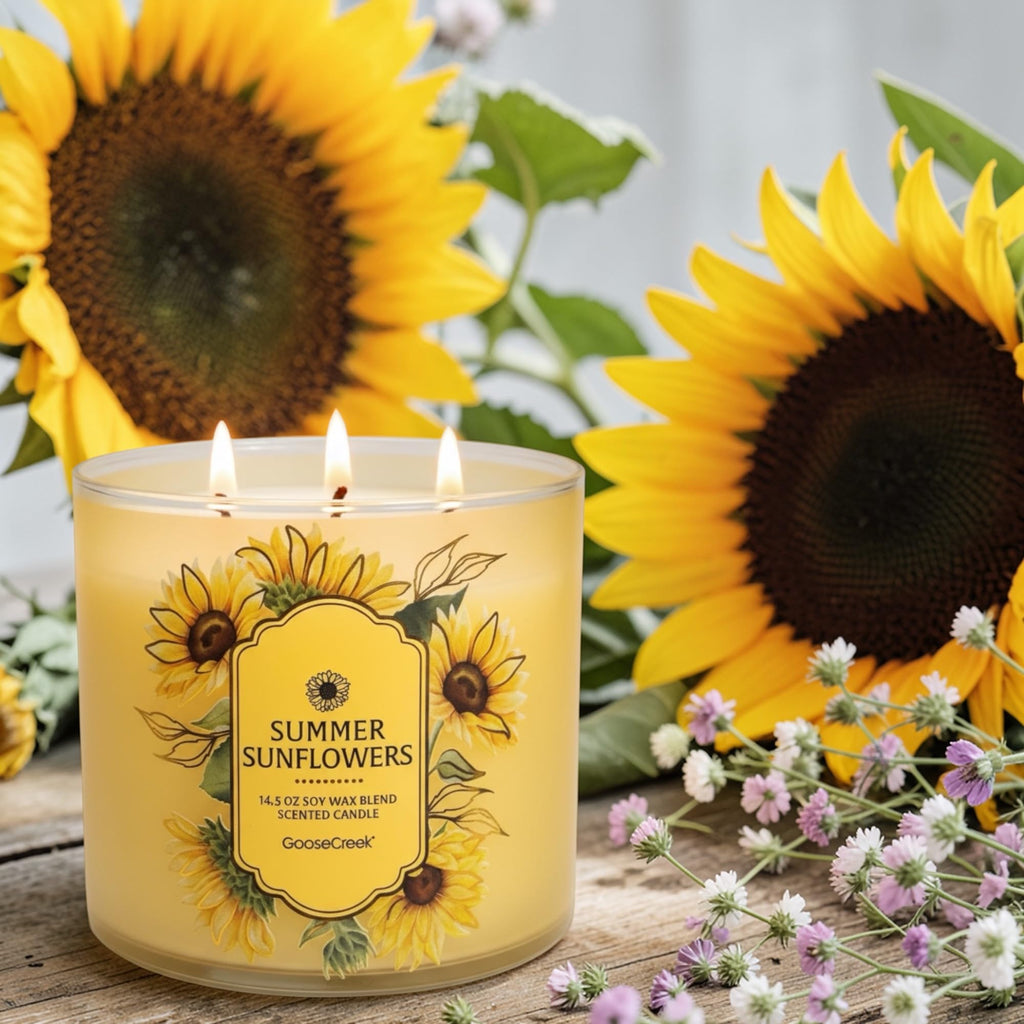 Summer Sunflowers Scented Candle, Soy Wax Blend, 14.5 oz with Artisanal Shortcake Soap Gift
