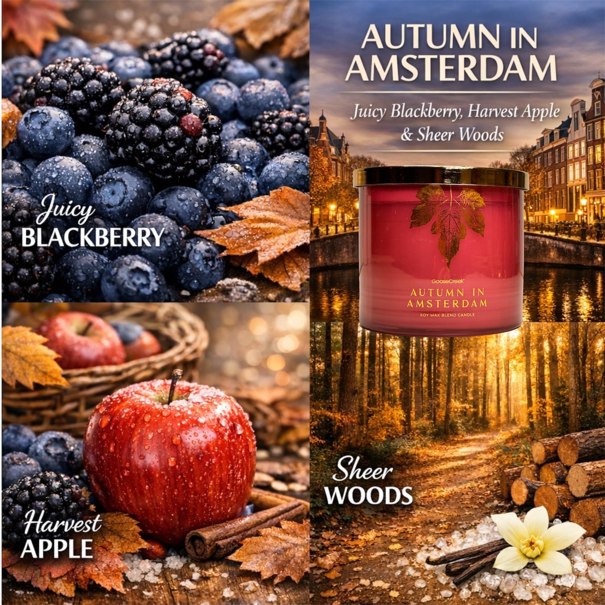 Autumn in Amsterdam Soy Wax Blend Candle, Juicy BlackBerry, Harvest Apples & Sheer Woods, 3-Wick