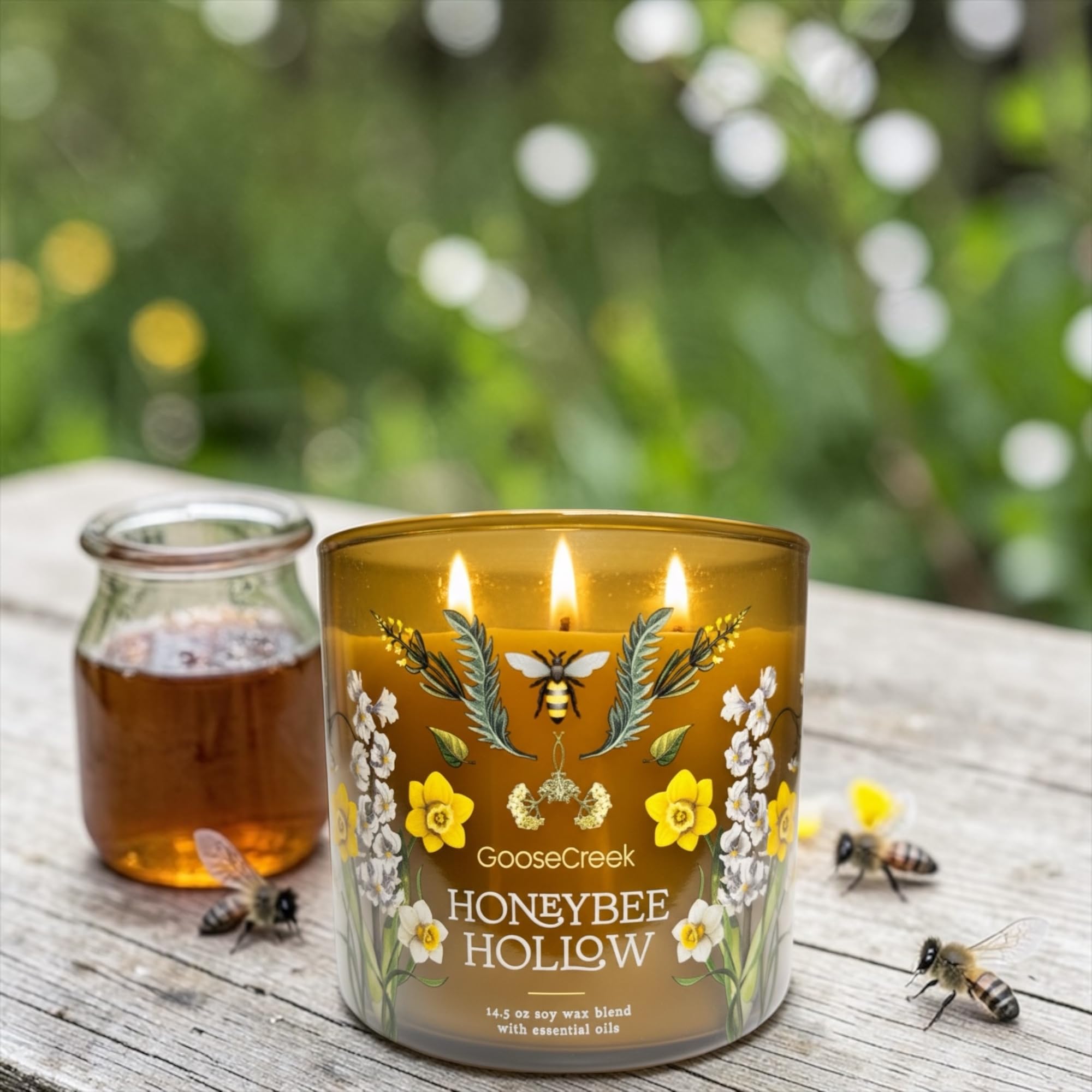 Honeybee Hollow 3-Wick Candle, 14.5 oz Soy Wax Blend, Wild Honey, Vanilla Bean, Amber Woods