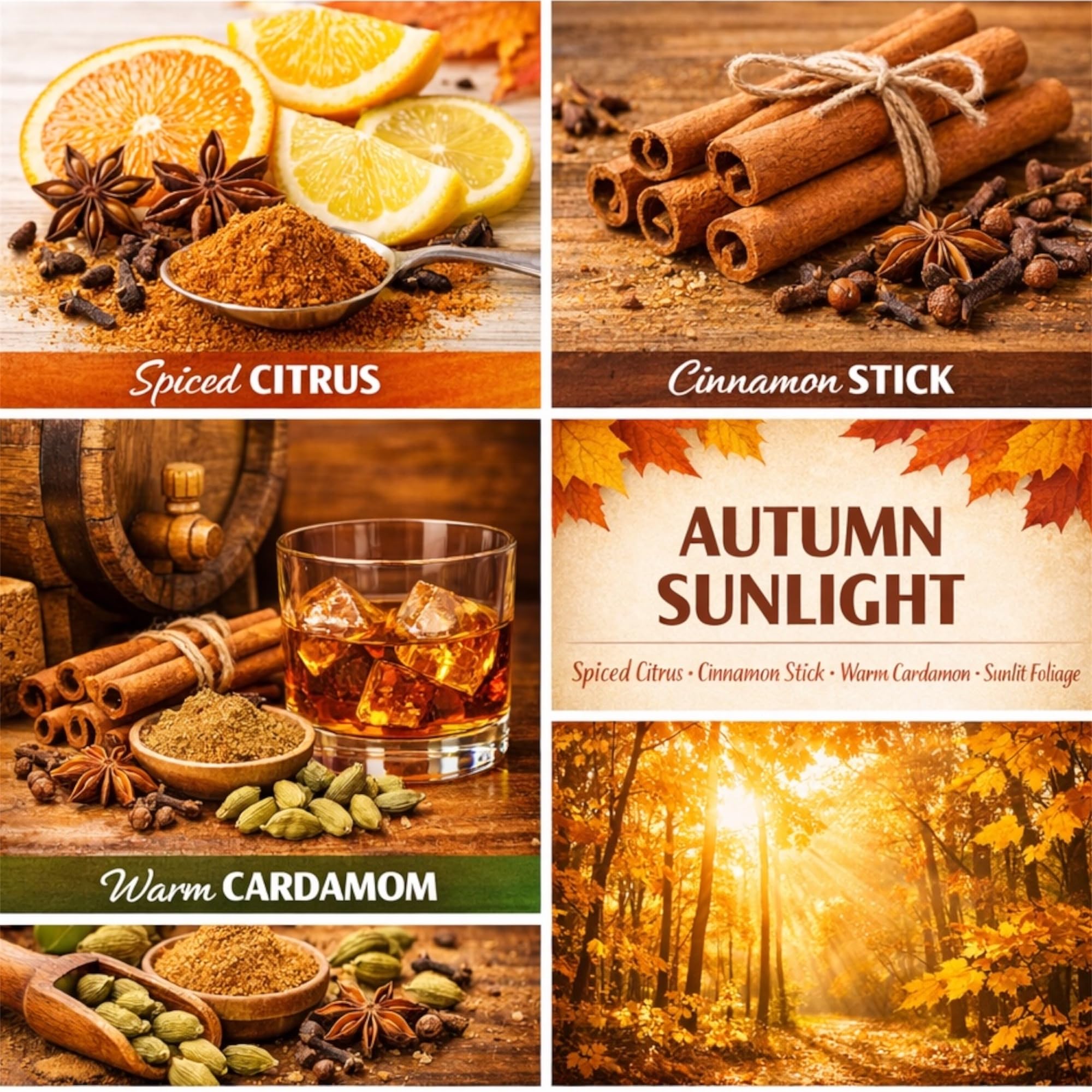 Autumn Sunlight Soy Wax Blend Candle, 3-Wick, Spiced Citrus, Cinnamon Stick, Warm Cardamom, Sunlit Foliage