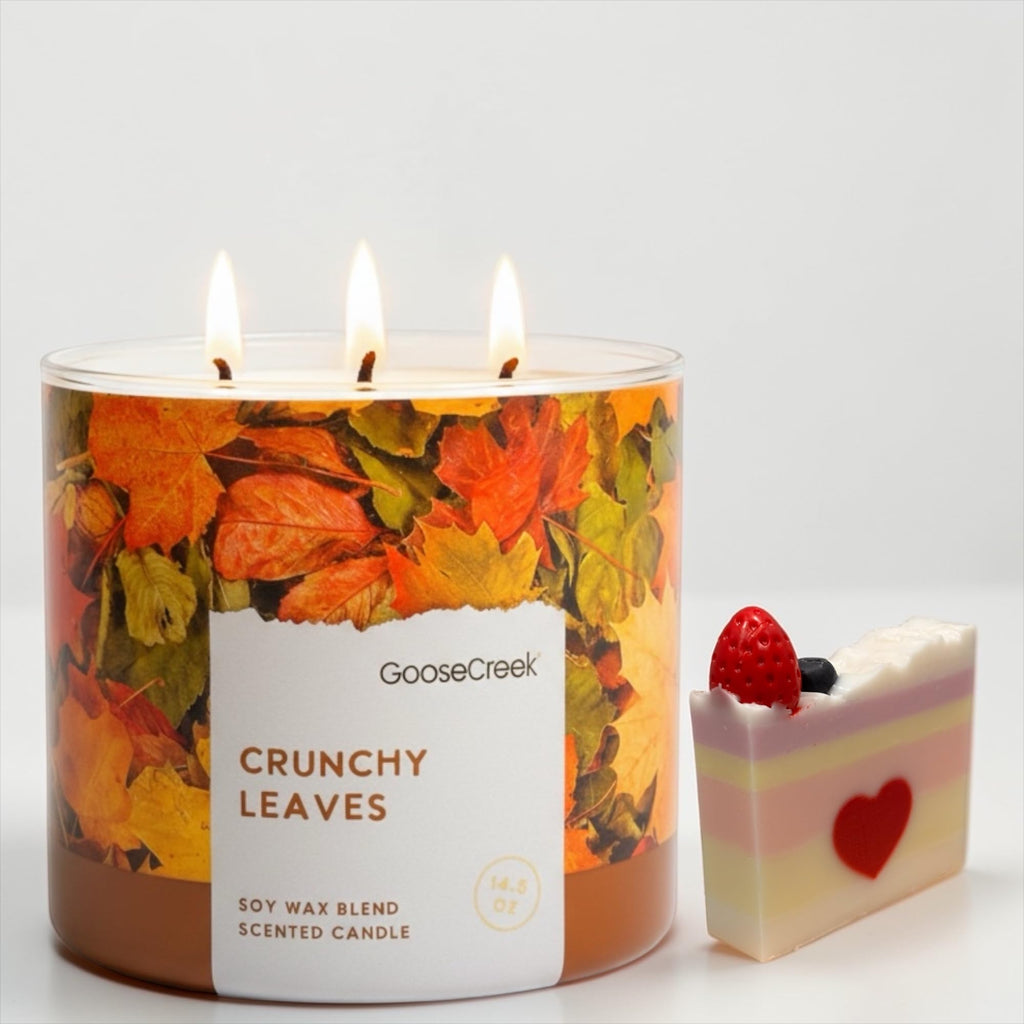 Crunchy Leaves Scented Candle, Soy Wax Blend, 3-Wick, Autumn Leaves, Bright Citrus & Sweet Cinnamon, 14.5 oz