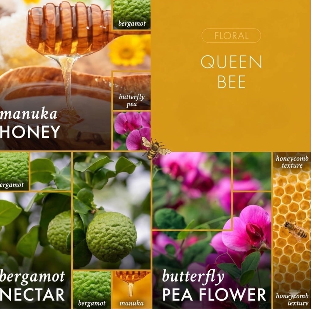 Queen Bee Scented Candle with Artisanal Shortcake Soap, Floral Manuka Honey Bergamot Butterfly Pea, 14.5 Oz Soy Wax Blend, 3 Wick, Round Glass Jar