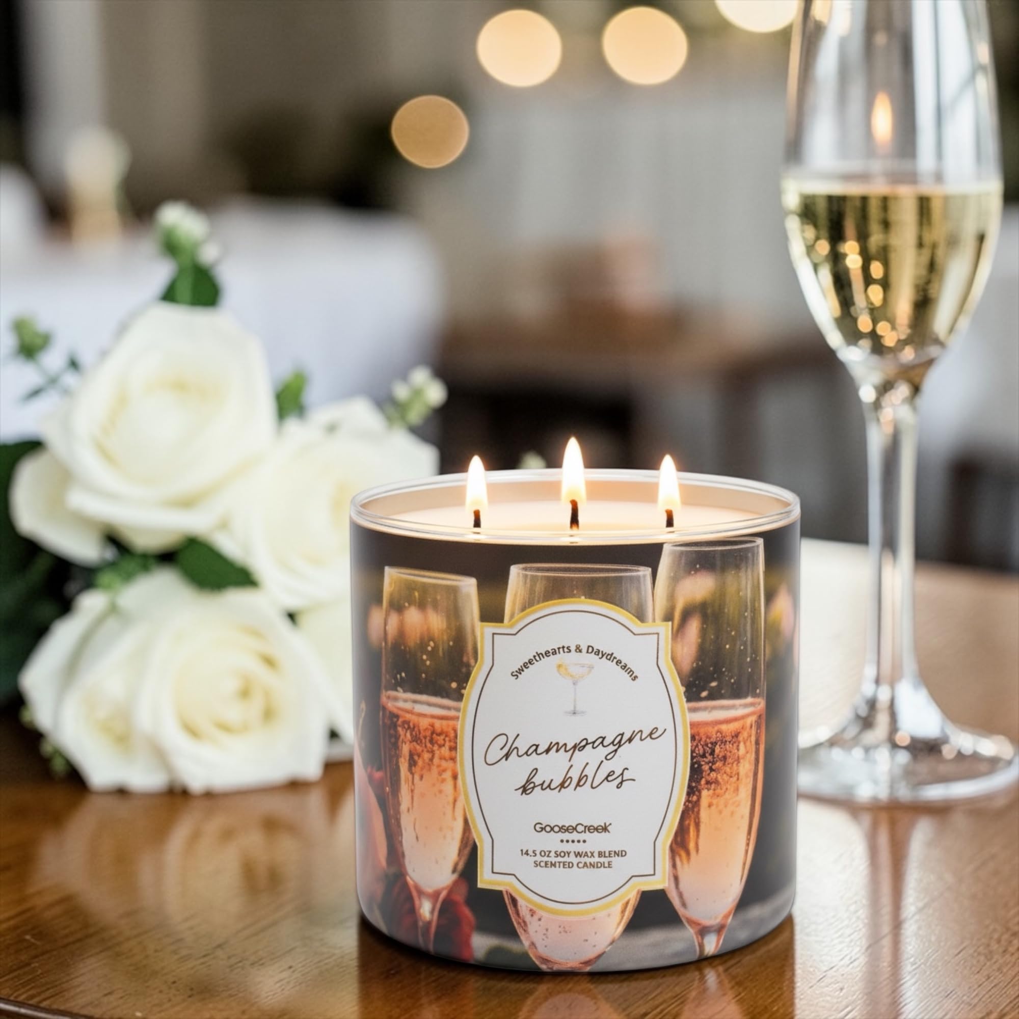 Champagne Bubbles Scented Candle, 14.5 oz Soy Wax Blend, 3-Wick, Sparkling Champagne, Pink Grapefruit, Juicy Orange