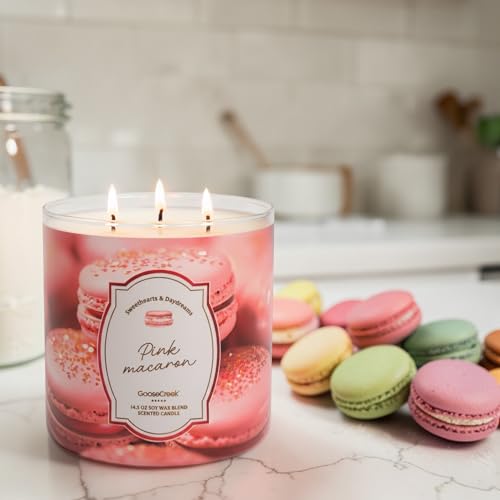 Pink Macaron Scented Candle, 14.5 oz Soy Wax Blend Toasted Almonds Pink Raspberries Fluffy Meringue Powdered Sugar with Artisanal Shortcake Soap Gift,
