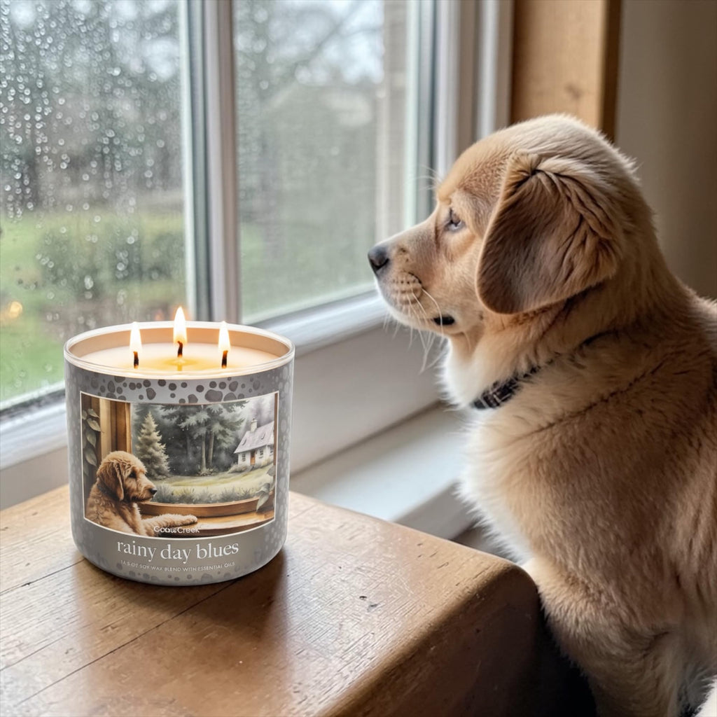 Rainy Day Blues Scented Candle, 14.5 oz Soy Wax Blend with Essential Oils, Fresh Rain, Wet Moss, Blue Eucalyptus & Dewy Apples