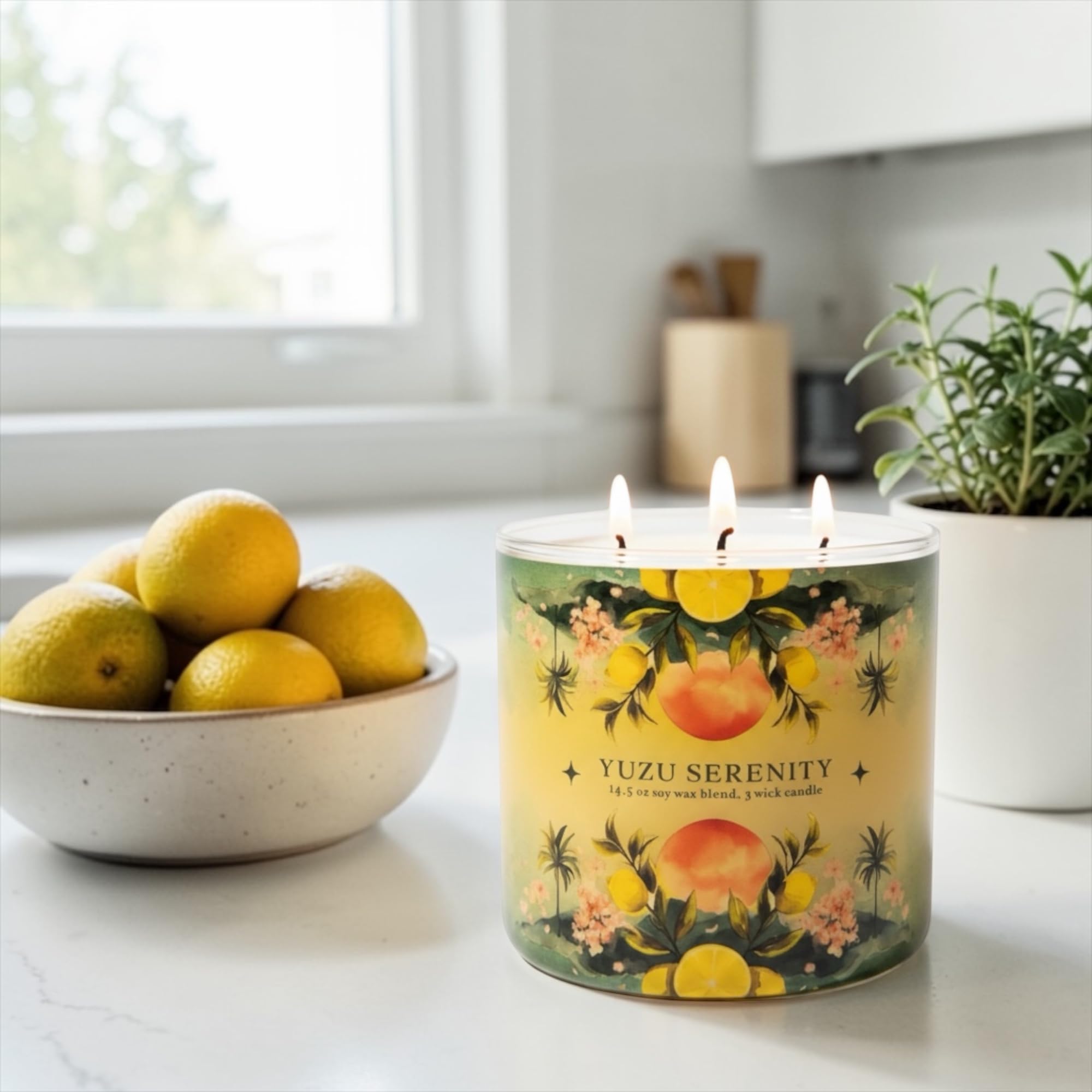Yuzu Serenity Soy Wax Blend Candle, 14.5 oz, 5 Wick, Fruity Scent with Lemon Balm, Yuzu and Green Tea, Includes Shortcake Soap Gift