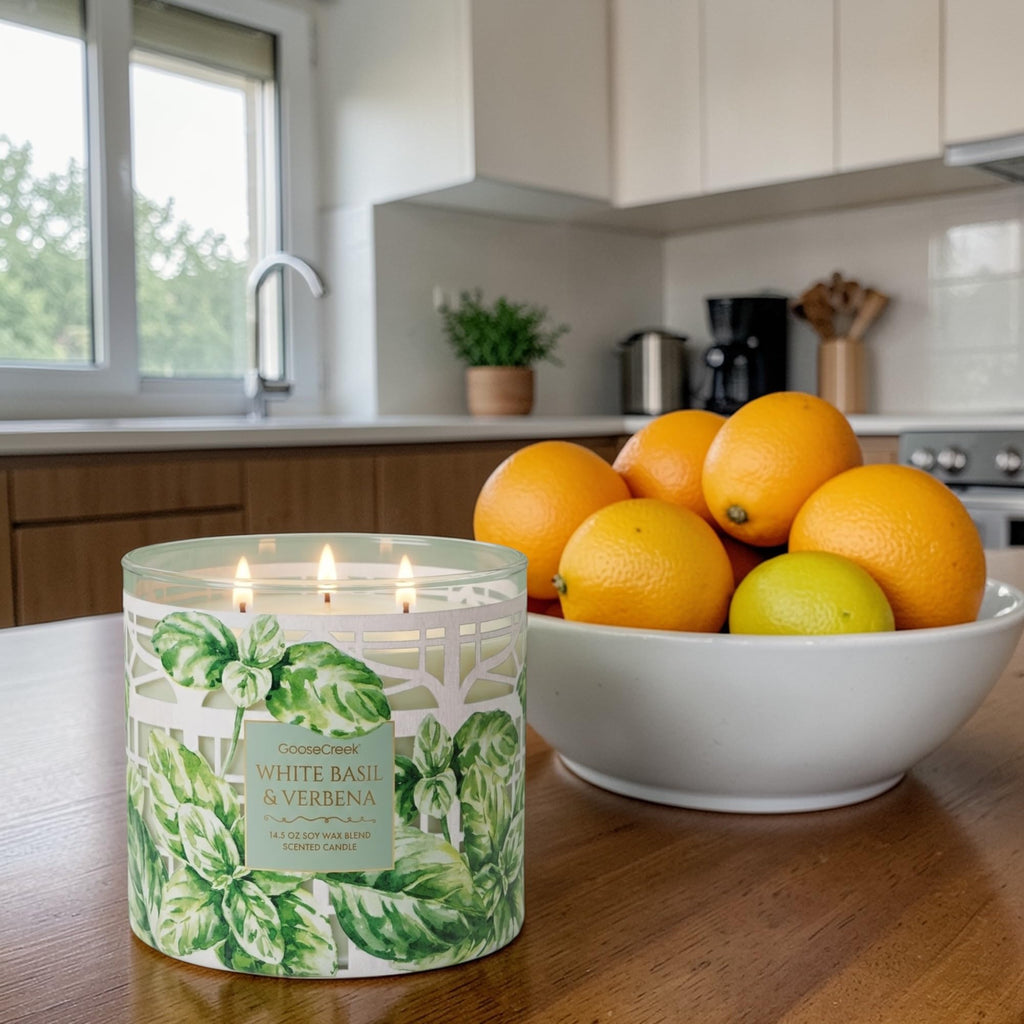 White Basil & Verbena Scented Candle, 14.5 oz Soy Wax Blend, Gold Lid