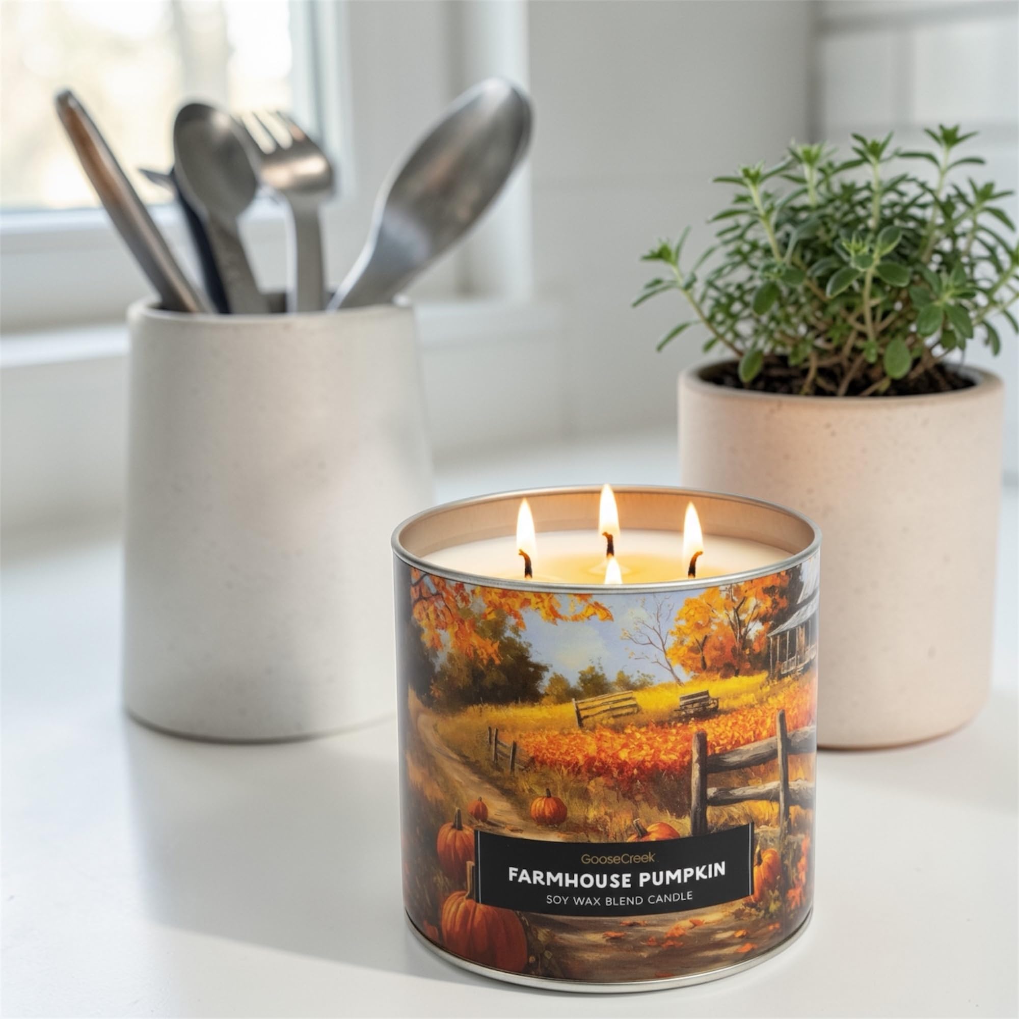 Farmhouse Pumpkin Soy Wax Blend Candle, 3-Wick, Spiced Cake and Buttercream Frosting Scent, Fall Theme