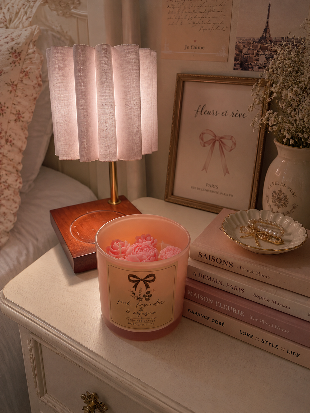 Pink Lavender & Espresso Handmade Candle Floral Coffee SCented Soy  Candle 3 Wick 12.5 oz