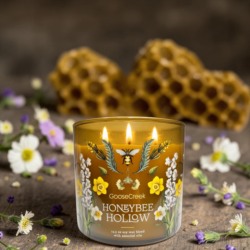 Honeybee Hollow 3-Wick Candle, 14.5 oz Soy Wax Blend, Wild Honey, Vanilla Bean, Amber Woods