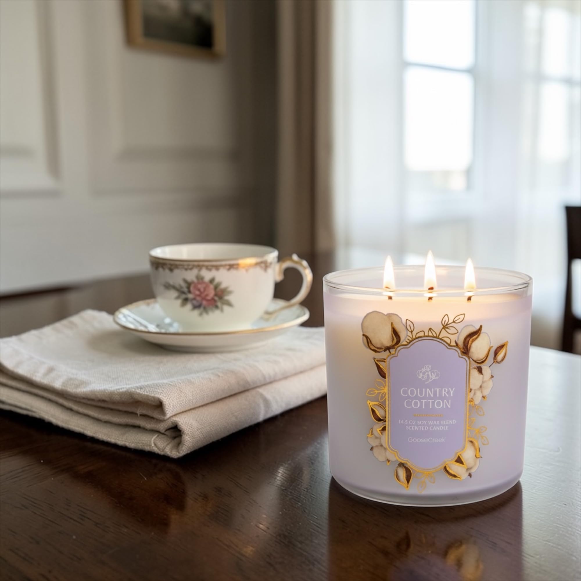 Country Cotton Scented Candle, Soy Wax Blend, 14.5 oz, with Artisanal Shortcake Soap Gift