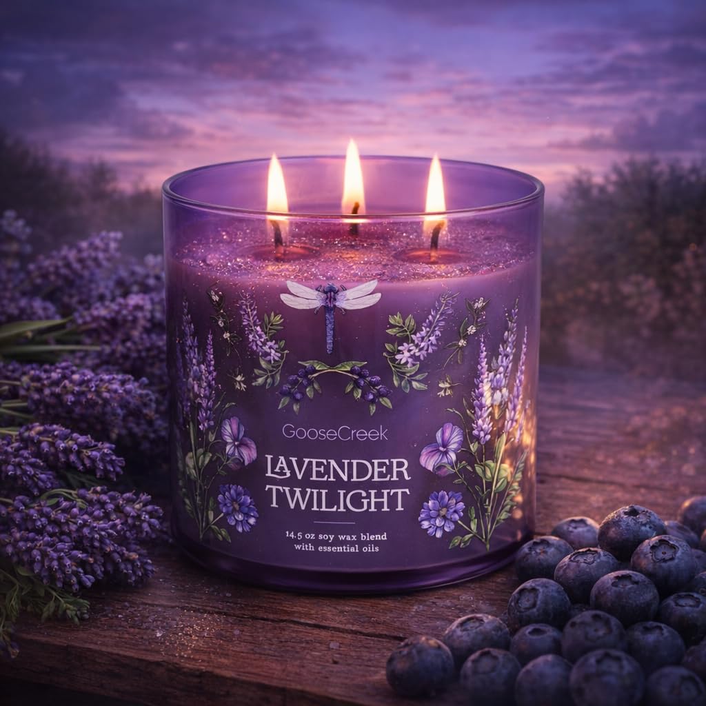 Lavender Twilight 3-Wick Candle, 14.5 oz Soy Wax Blend with Essential Oils, Sugared Lavender, Wild Blueberries & Fresh Spring Clouds