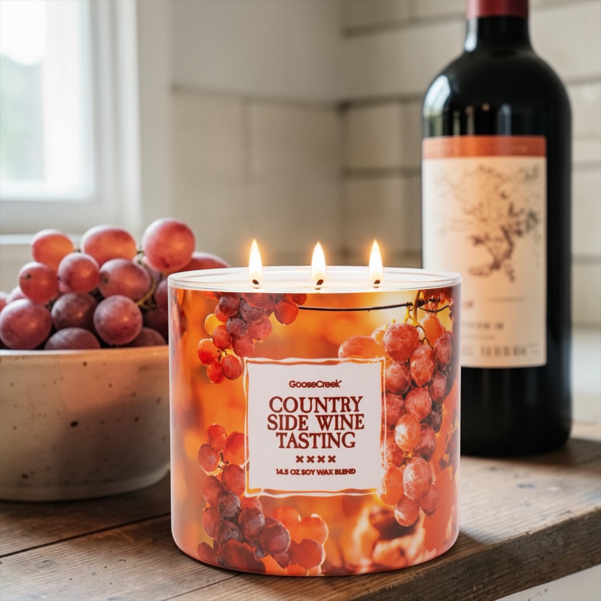 Country Side Wine Tasting 3-Wick Candle, Soy Wax Blend, Merlot, Cherry & Plum Scent, 14.5 oz