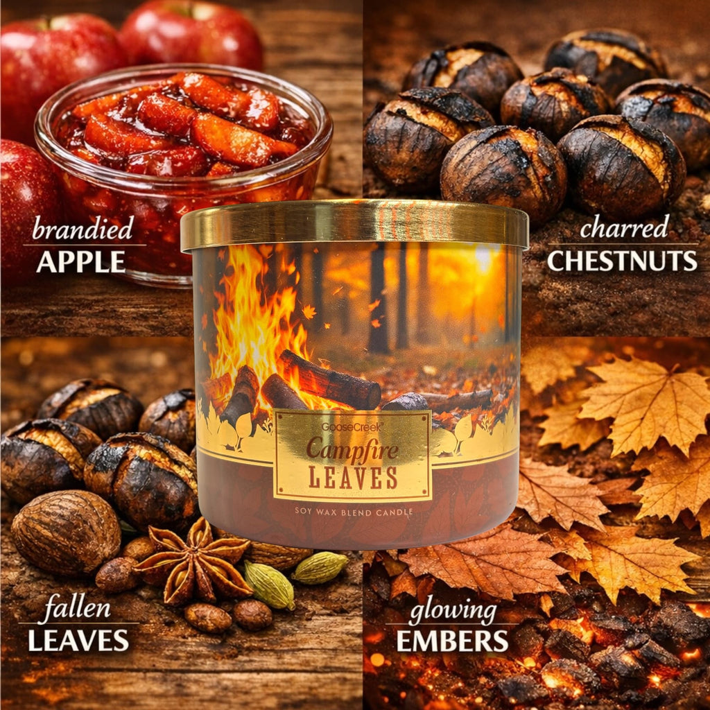 Campfire Leaves Soy Wax Blend Candle, 3-Wick, Brandied Apple, Charred Chestnuts, Fallen Leaves, Glowing Embers