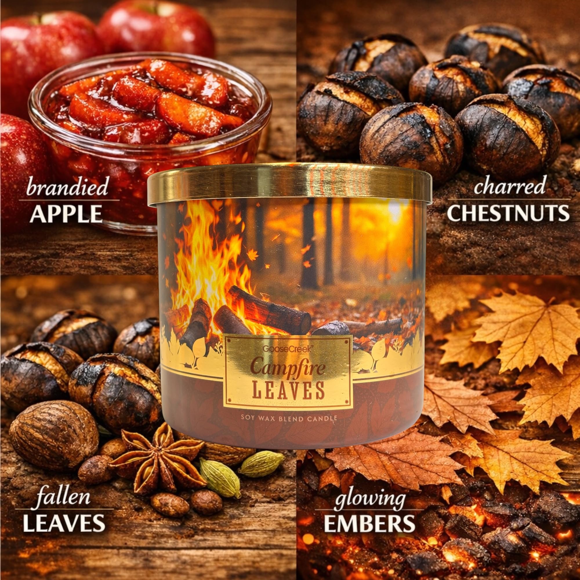 Campfire Leaves Soy Wax Blend Candle, 3-Wick, Brandied Apple, Charred Chestnuts, Fallen Leaves, Glowing Embers