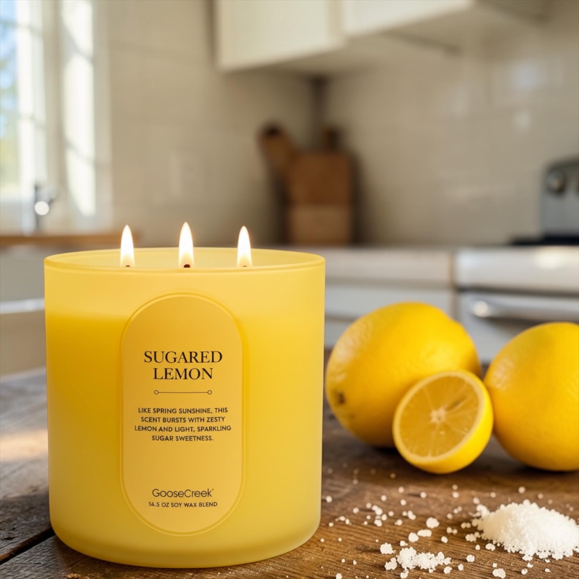 Sugared Lemon Scented Candle, Soy Wax Blend, 14.5 oz, 3 Wick, Round Glass Jar, Fruity Zesty Scent with Artisanal Soap Gift