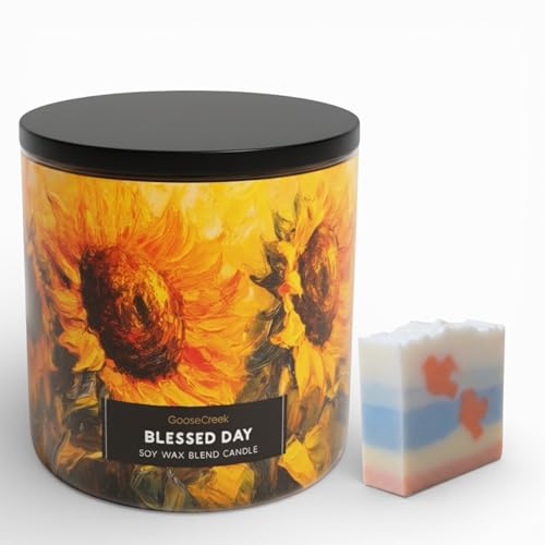 Blessed Day Soy Wax Blend Candle with Sunflower Design, Scented with Apples, Pumpkin, Cinnamon, Includes Artisanal Goat Soap Gift.