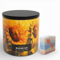 Blessed Day Soy Wax Blend Candle with Sunflower Design, Scented with Apples, Pumpkin, Cinnamon, Includes Artisanal Goat Soap Gift.