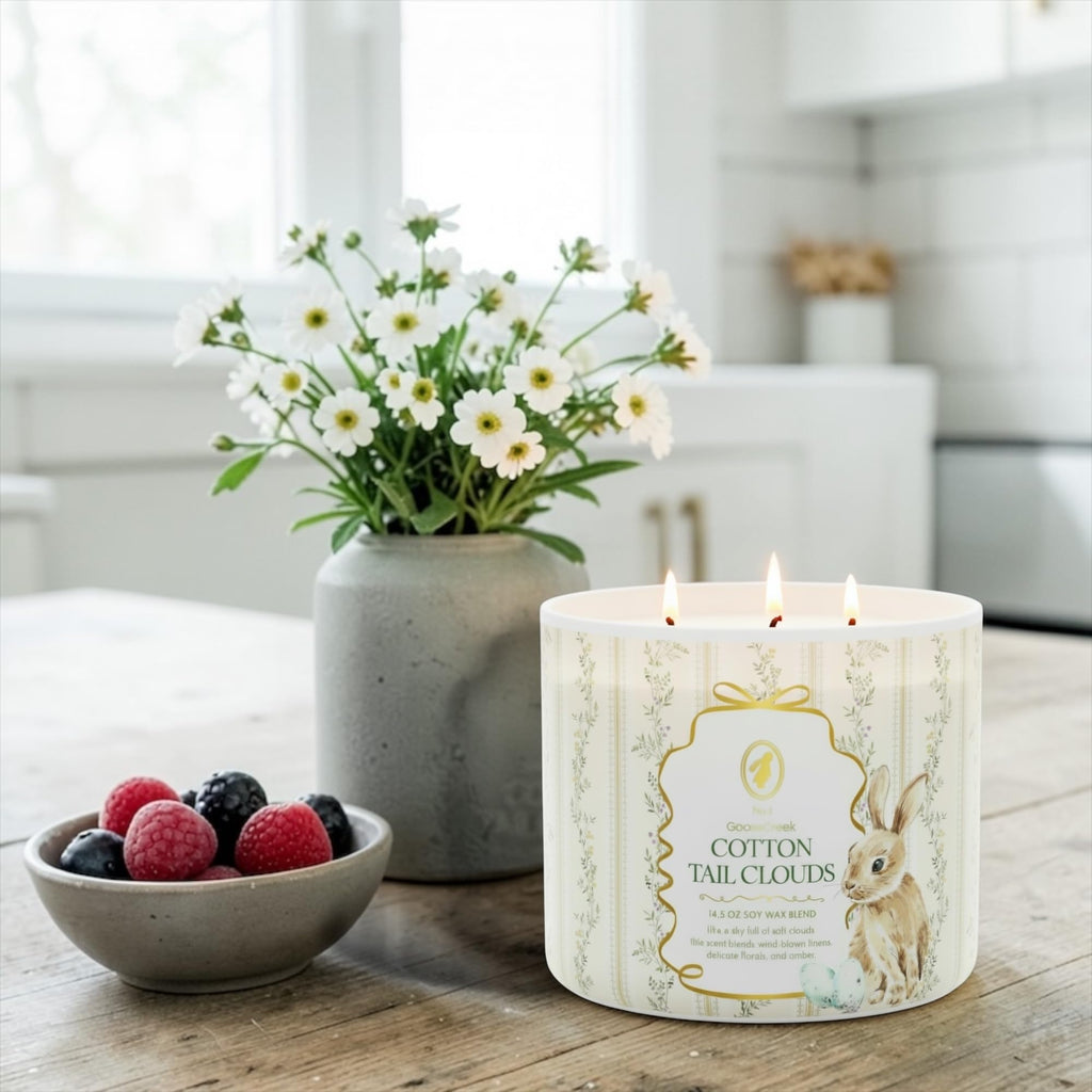 Cotton Tail Clouds Scented Candle, 14.5 oz Soy Wax Blend with Artisanal Soap Gift, Wind-Blown Linens and Delicate Florals