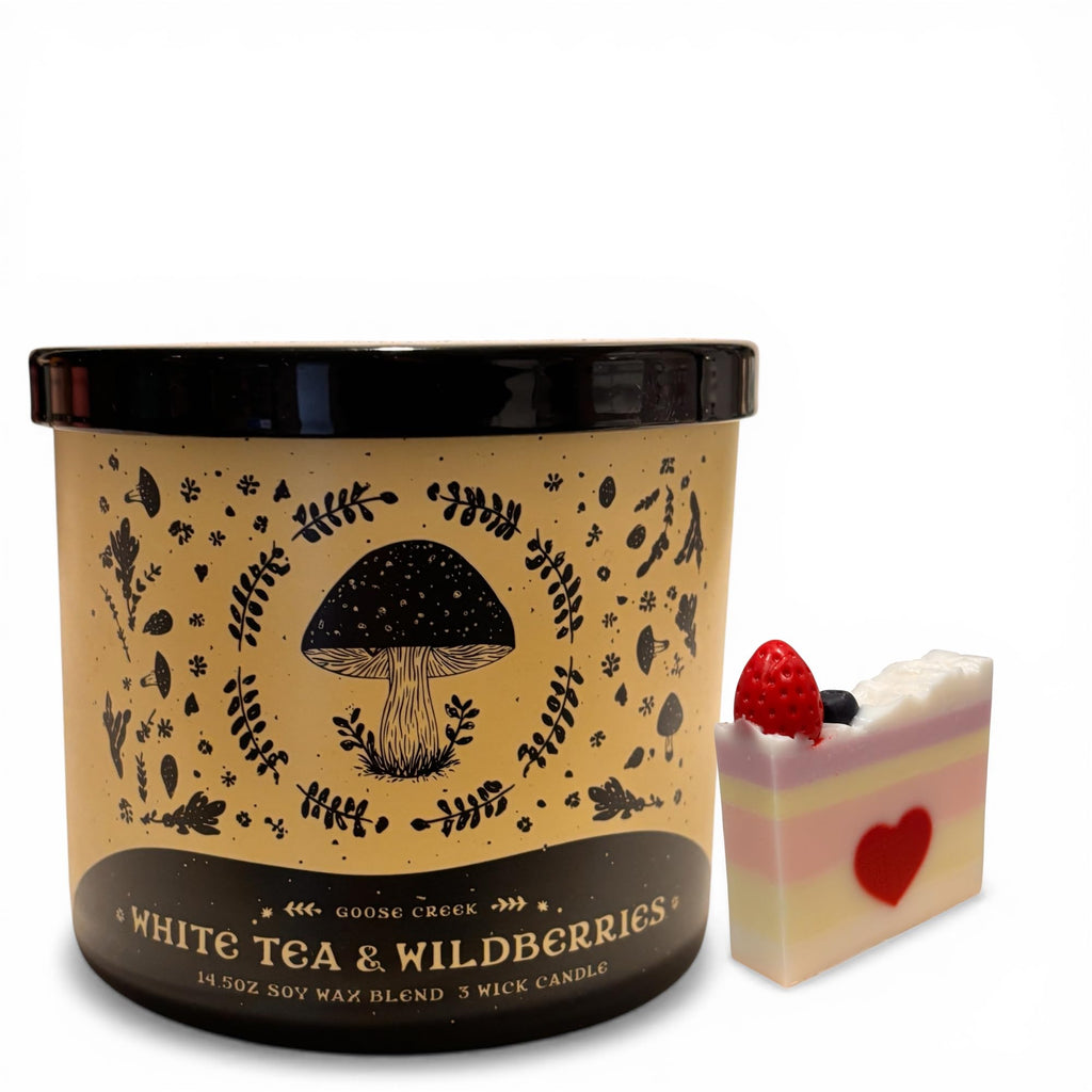 White Tea & Wildberries Scented Candle, 14.5oz Soy Wax Blend, 3 Wick, with Artisanal Shortcake Soap Gift