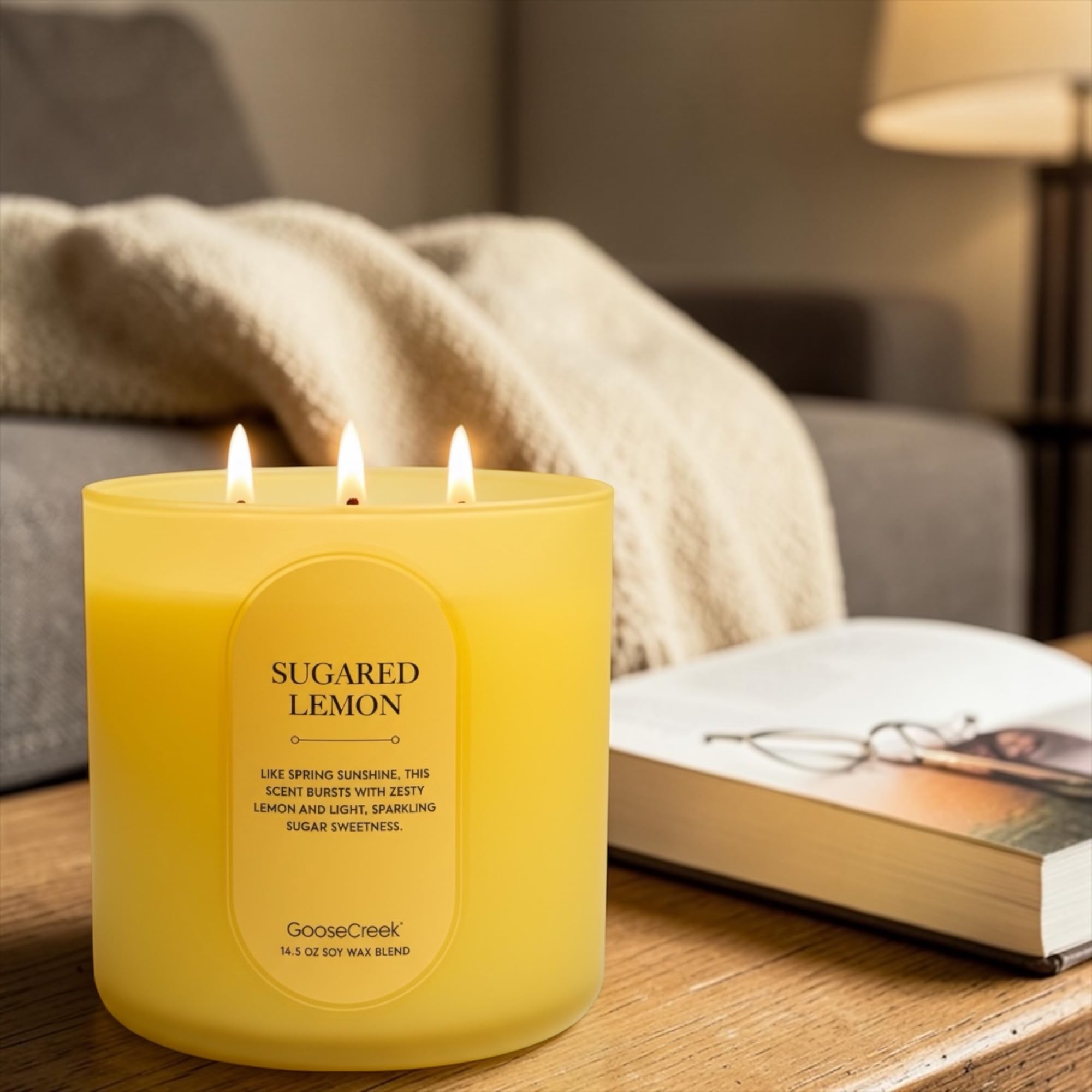 Sugared Lemon Scented Candle, Soy Wax Blend, 14.5 oz, 3 Wick, Round Glass Jar, Fruity Zesty Scent with Artisanal Soap Gift