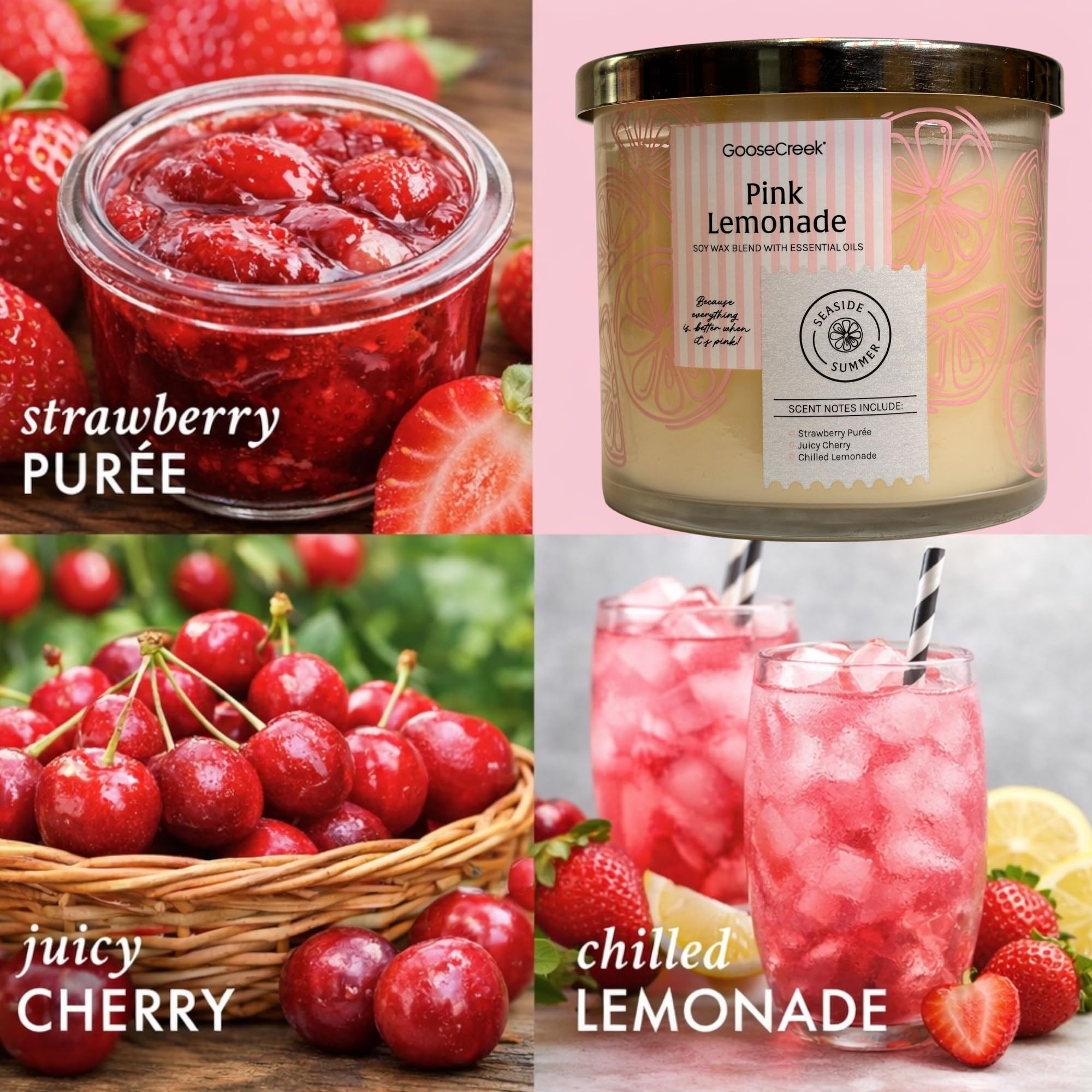 Pink Lemonade Scented Candle, Soy Wax Blend with Essential Oils, Strawberry Purée, Juicy Cherry & Chilled Lemonade