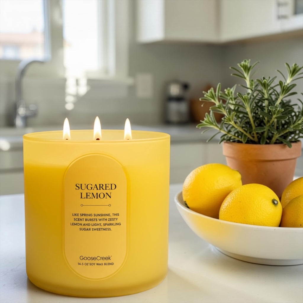 Sugared Lemon Scented Candle, Soy Wax Blend, 14.5 oz, 3 Wick, Round Glass Jar, Fruity Zesty Scent with Artisanal Soap Gift