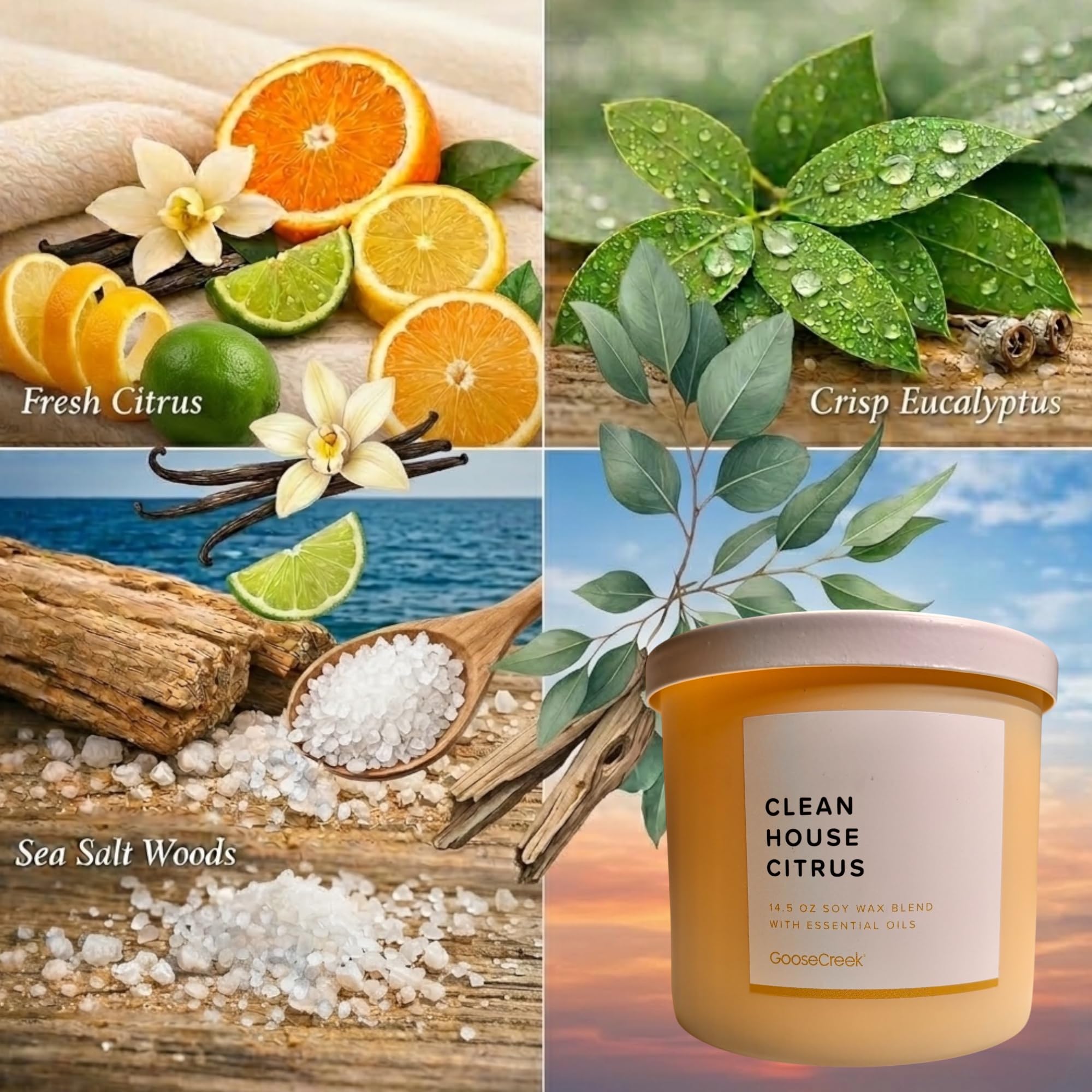 Soy Wax Blend Candle, 14.5 oz, with Essential Oils, Clean House Citrus, Cashmere Linens, Clean Girl Aesthetic