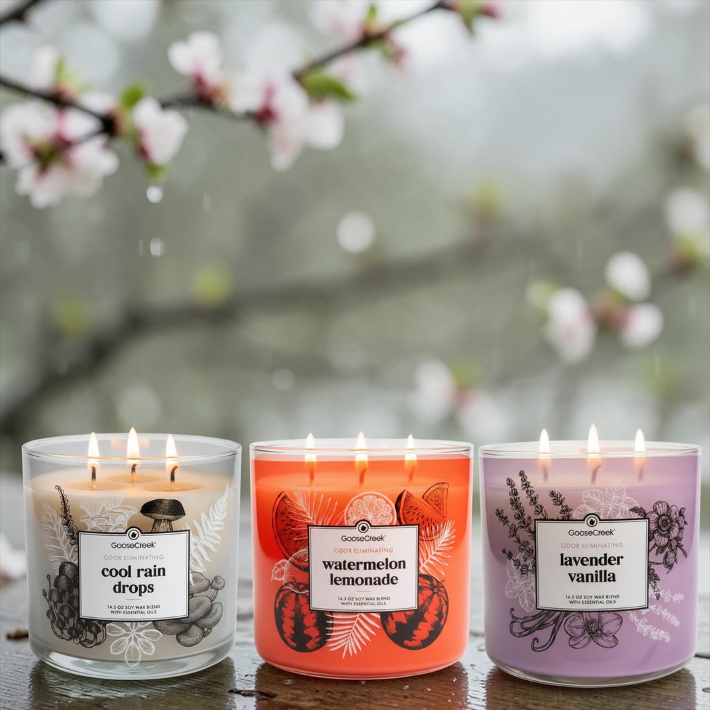 Odor Eliminating Scented Candle, 14.5 oz Soy Wax Blend with Essential Oils, 3-Pack (Cool Rain Drops, Lavender Vanilla, Watermelon Lemonade)