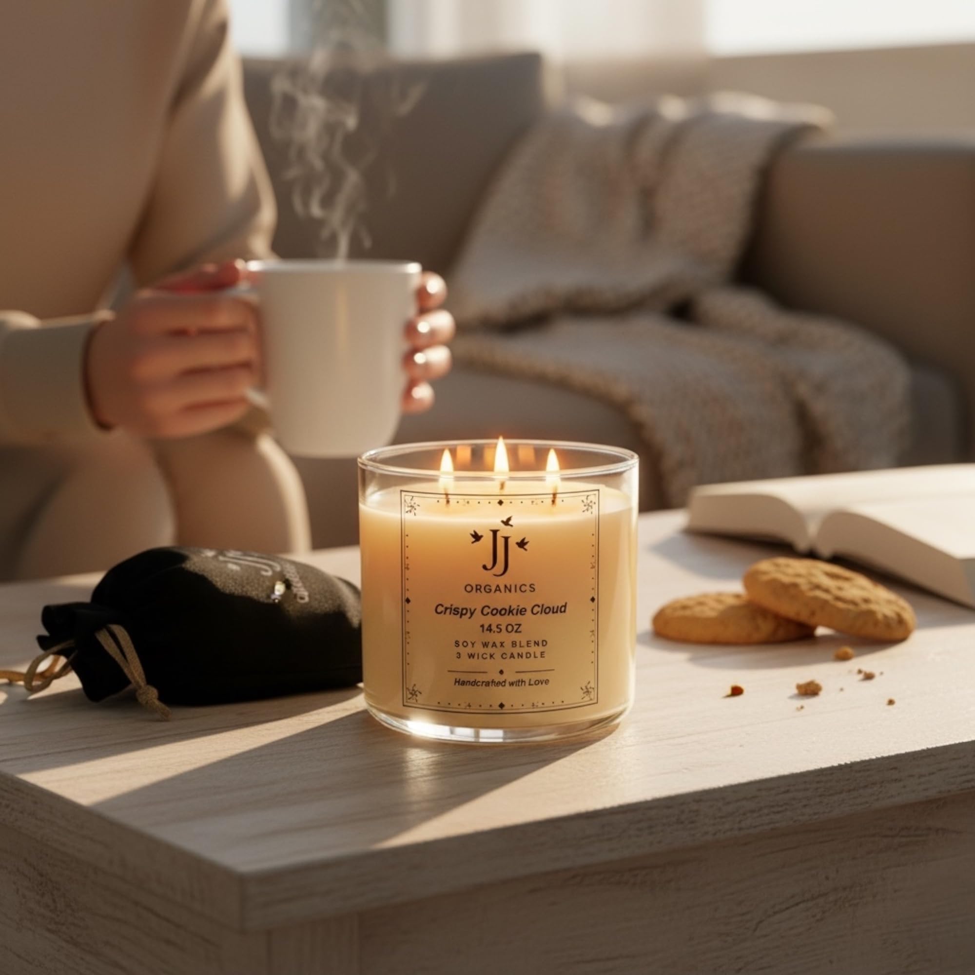 JJ Organics Crispy Cookie Cloud Soy Wax Blend Candle, 3 Wick, 14.5 oz, Handcrafted