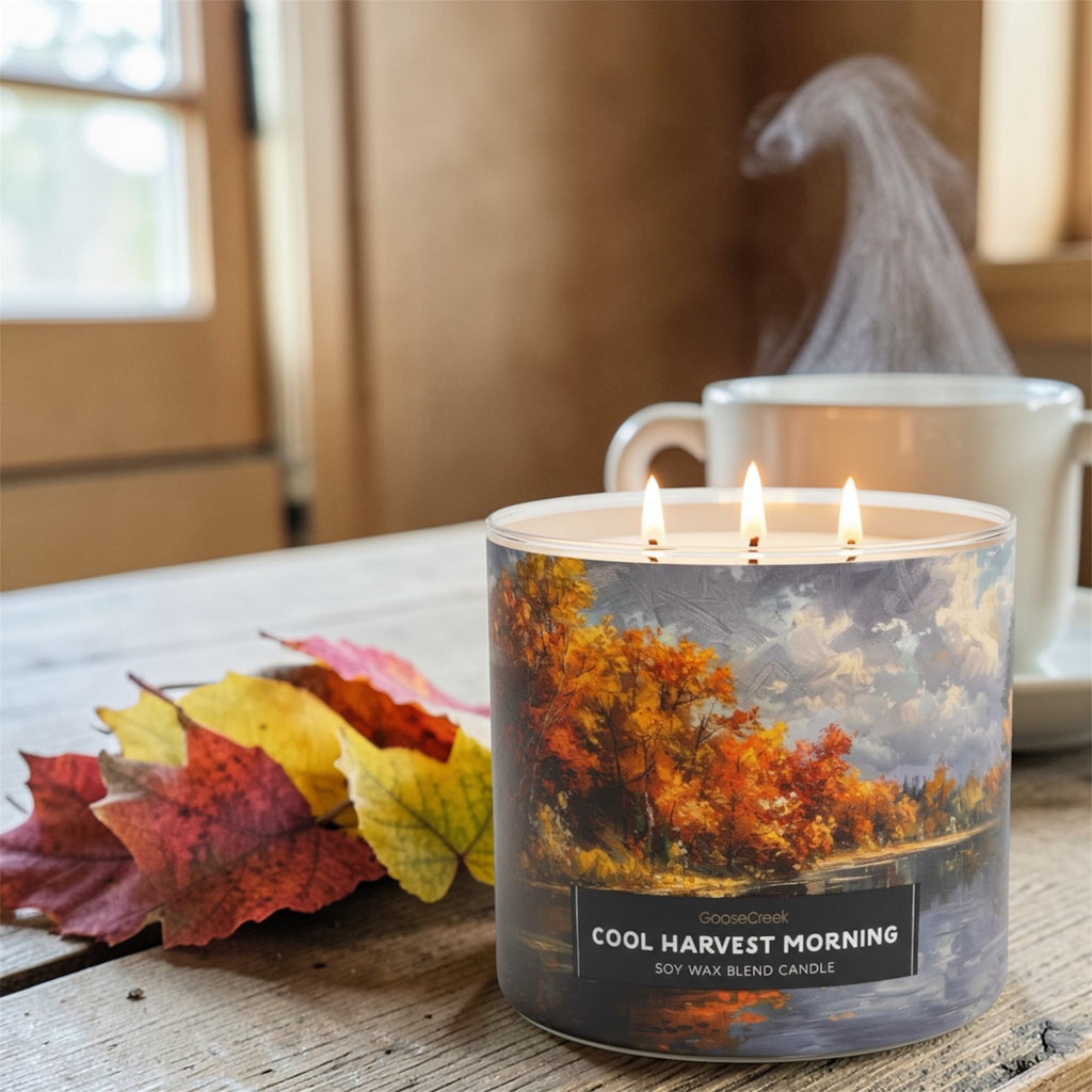 Cool Harvest Morning Soy Wax Blend Candle, 3-Wick, Fresh Apples, Autumn Woods & Cool Morning Mist Scent