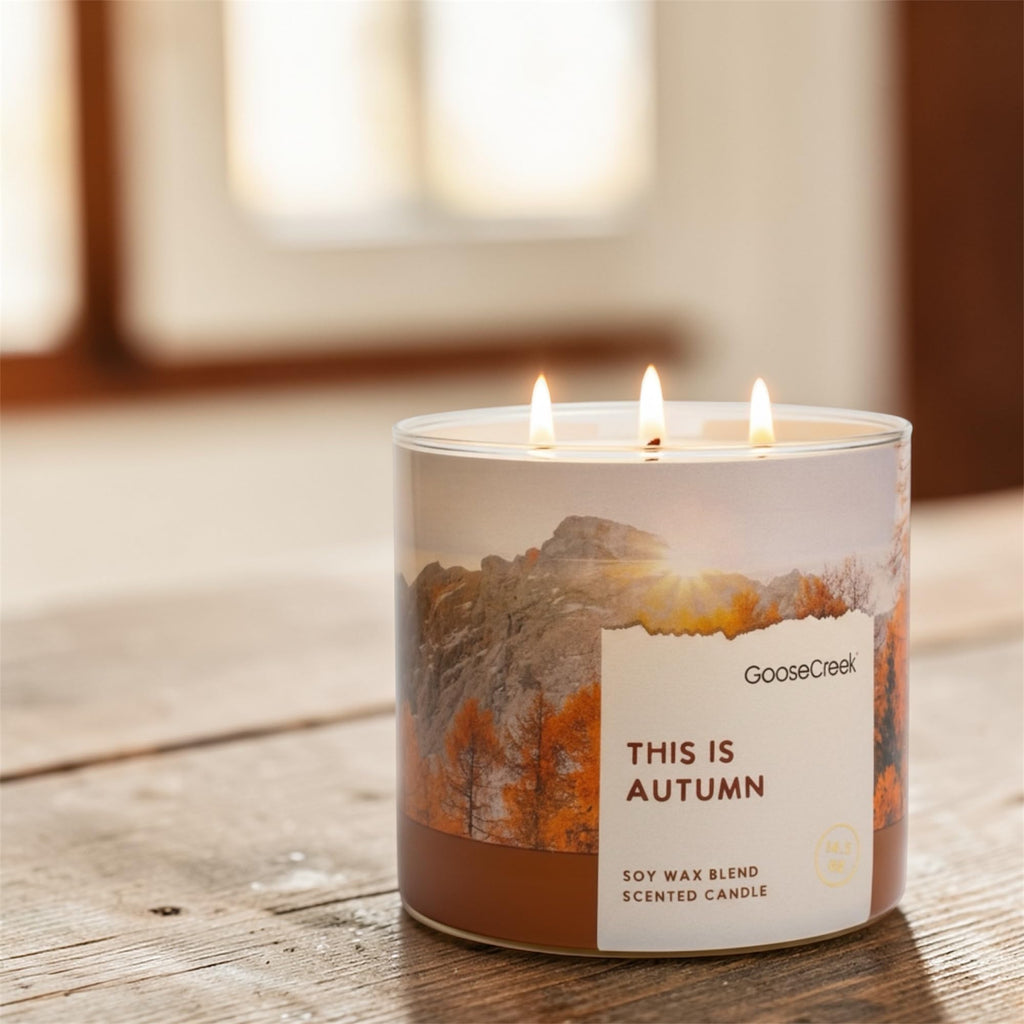 This is Autumn Scented Candle, Soy Wax Blend, 3-Wick, Apples, Leaves, Oats, Caramel & Spice