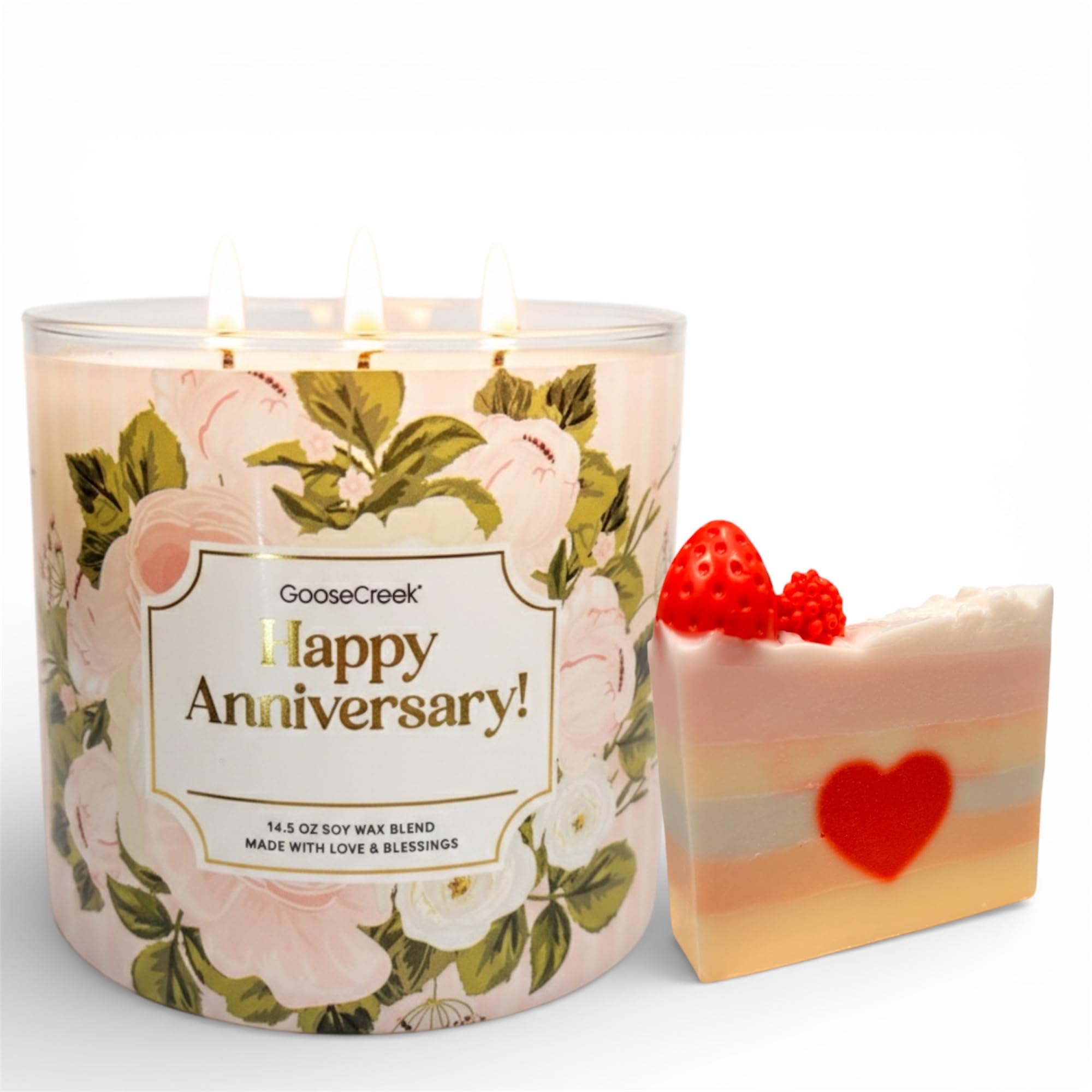 Goose Creek Happy Anniversary Candle, Soy Wax Blend, 14.5 oz, Three Wick, Floral Design