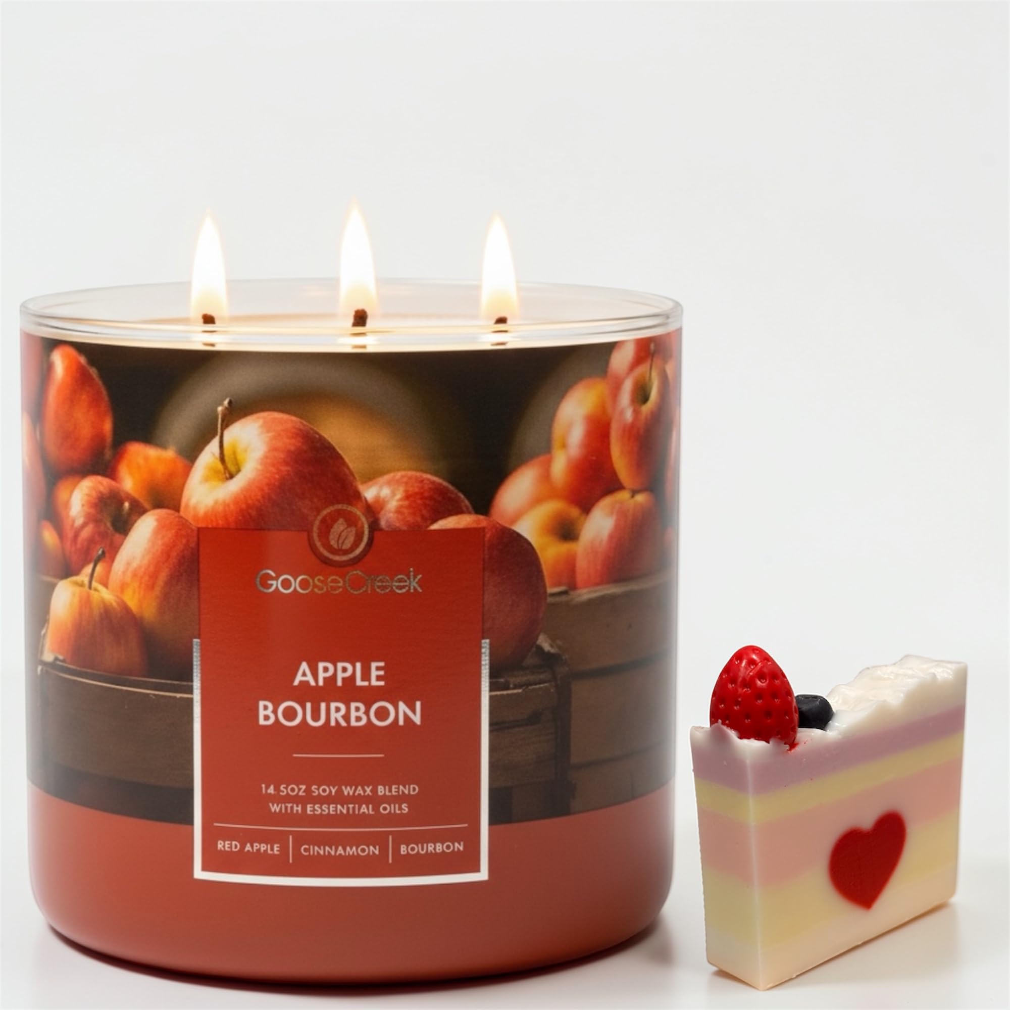 Apple Bourbon 3-Wick Candle, 14.5 oz Soy Wax Blend, Red Apple, Cinnamon Spice, Oak-Barrel Bourbon