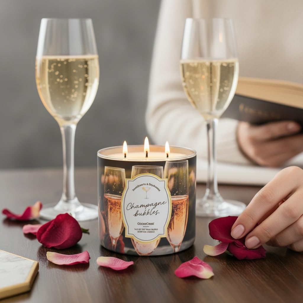 Champagne Bubbles Scented Candle, 14.5 oz Soy Wax Blend, 3-Wick, Sparkling Champagne, Pink Grapefruit, Juicy Orange