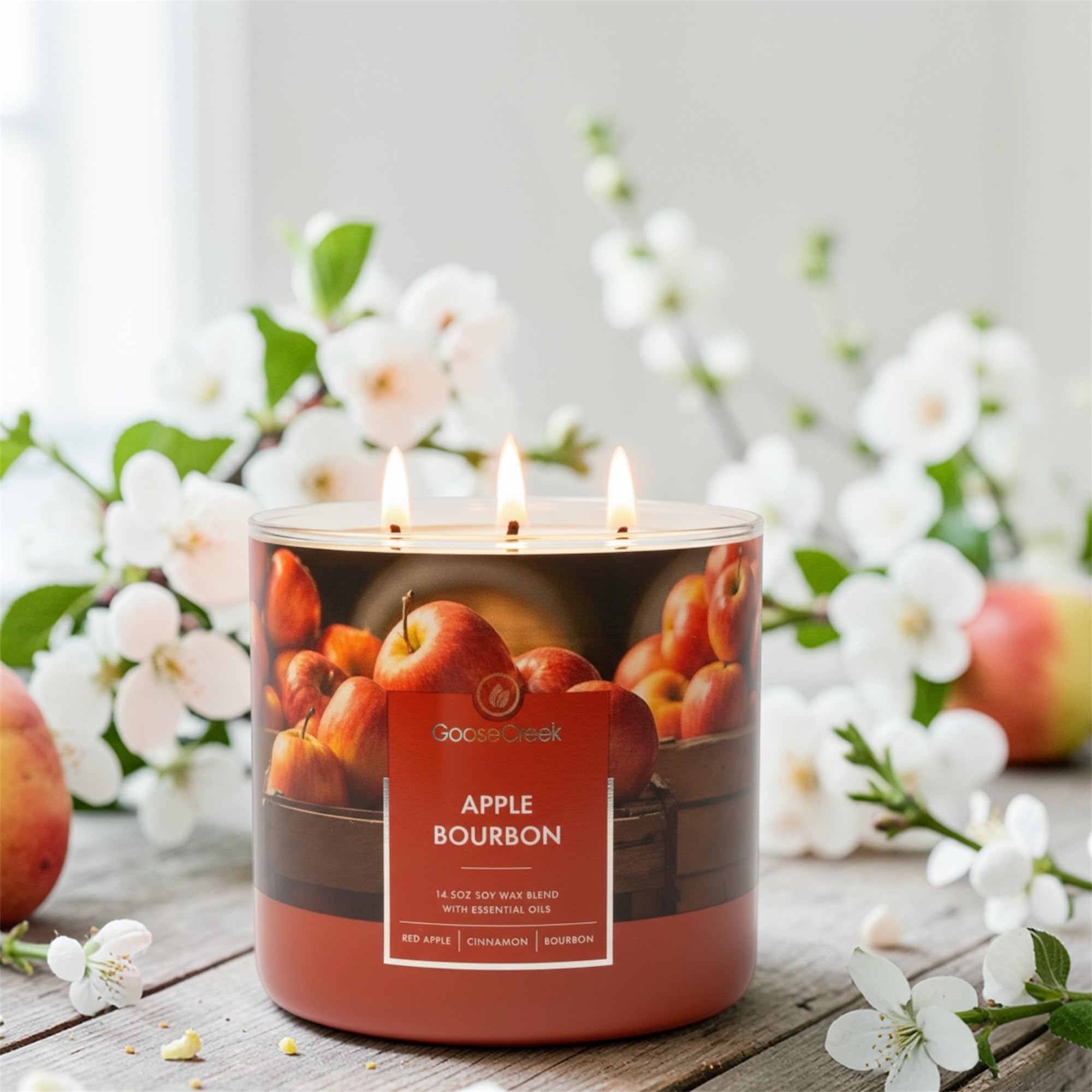 Apple Bourbon 3-Wick Candle, 14.5 oz Soy Wax Blend, Red Apple, Cinnamon Spice, Oak-Barrel Bourbon