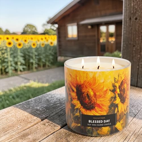 Blessed Day Soy Wax Blend Candle with Sunflower Design, Scented with Apples, Pumpkin, Cinnamon, Includes Artisanal Goat Soap Gift.