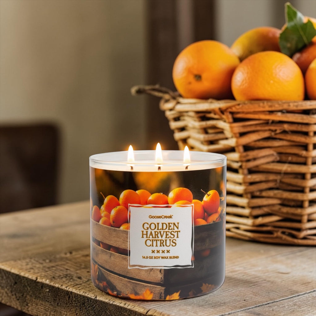 Golden Harvest Citrus 3-Wick Candle, 14.5 oz Soy Wax Blend, Sunwashed Citrus, Autumn Spice, Golden Leaves