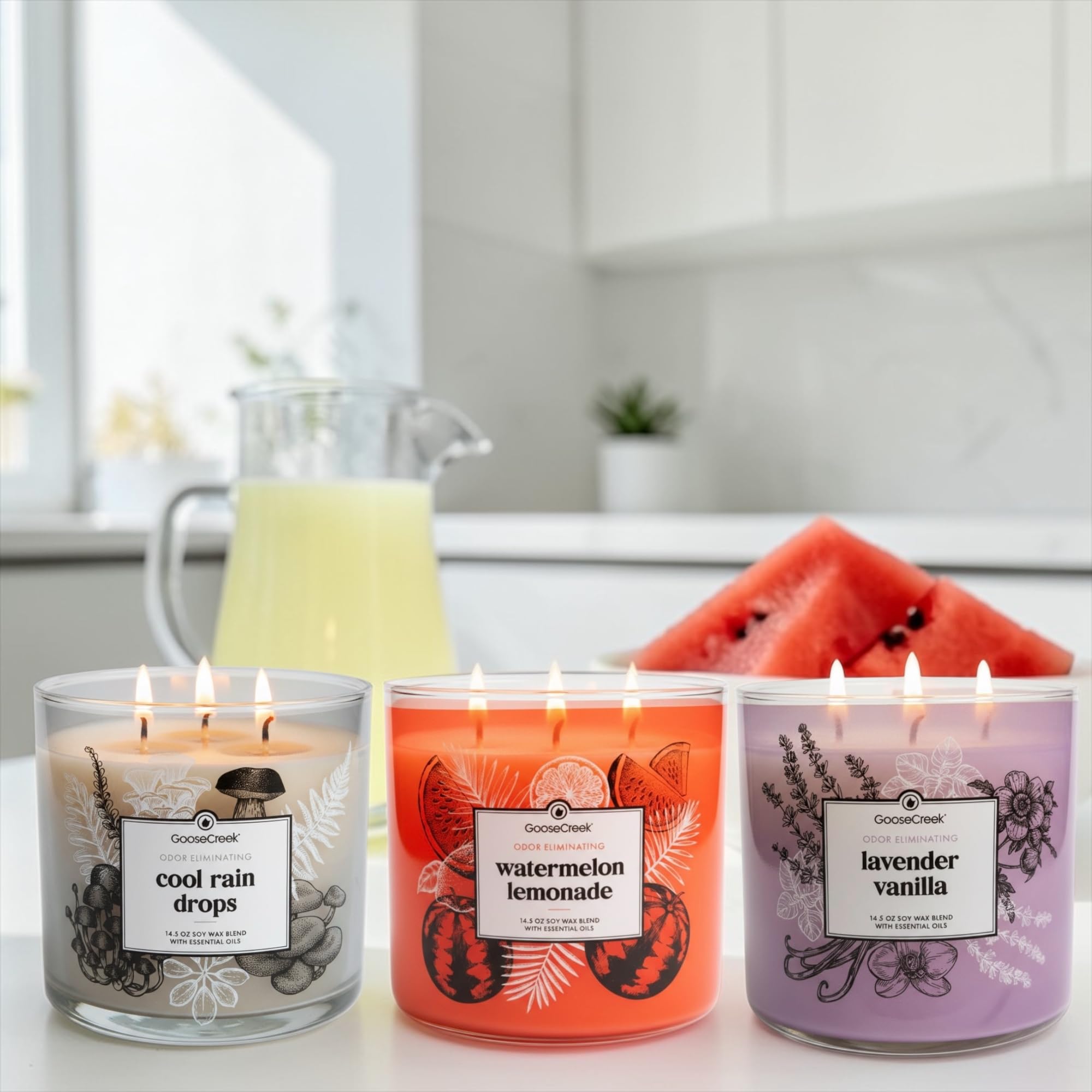 Odor Eliminating Scented Candle, 14.5 oz Soy Wax Blend with Essential Oils, 3-Pack (Cool Rain Drops, Lavender Vanilla, Watermelon Lemonade)