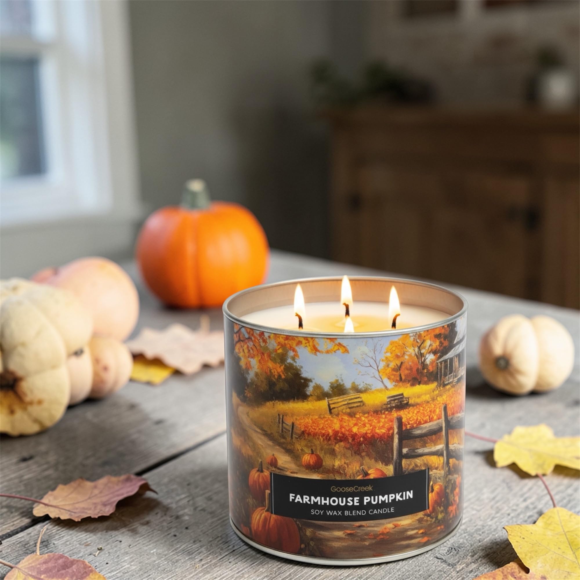 Farmhouse Pumpkin Soy Wax Blend Candle, 3-Wick, Spiced Cake and Buttercream Frosting Scent, Fall Theme