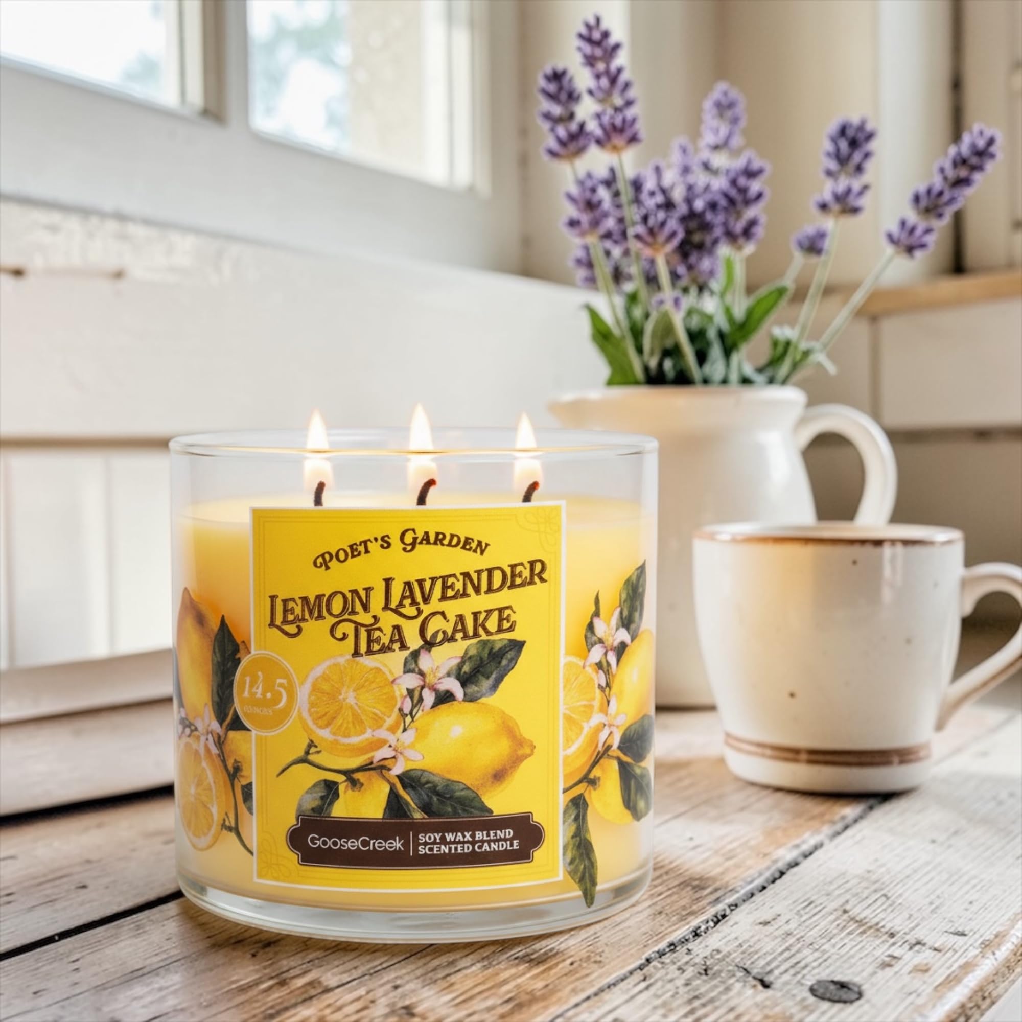 Lemon Lavender Tea Cake Scented Candle, 14.5 Ounce, 3 Wick, Round Glass Jar with Artisanal Soap Gift