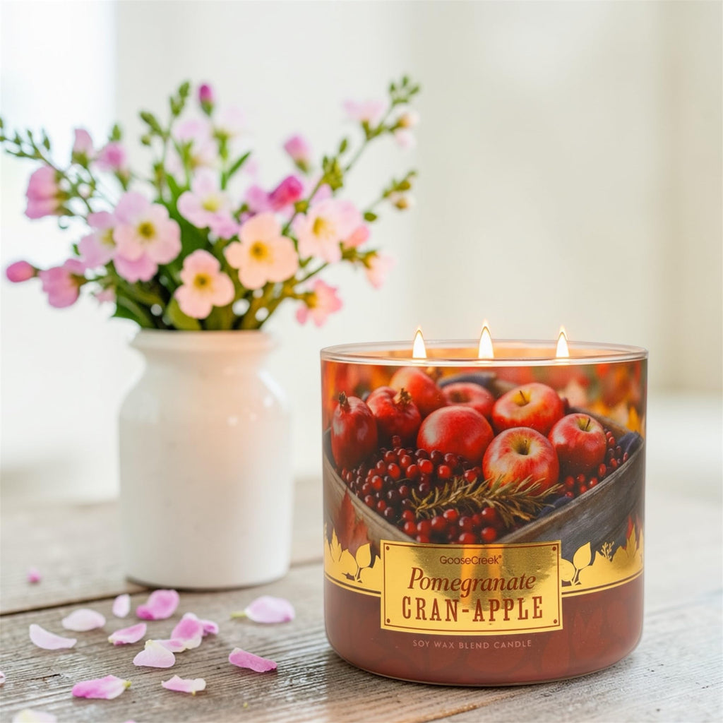 Pomegranate Cran-Apples Soy Wax Blend Candle, 3-Wick, Sweet Cinnamon Bun, Tart Cranberries, Red Apples, Creamy Spices