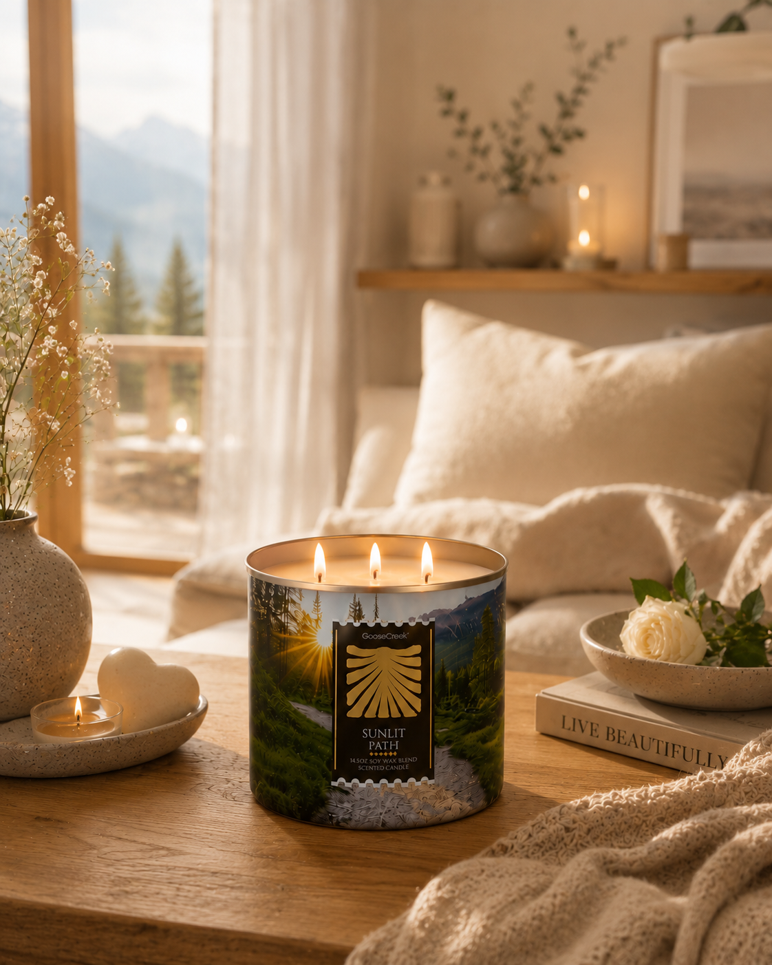 Sunlit Path Scented Candle, Soy Wax Blend, Forest Path, Bright Lemon, Sweet Berries, Floral Musk, 14.5 oz