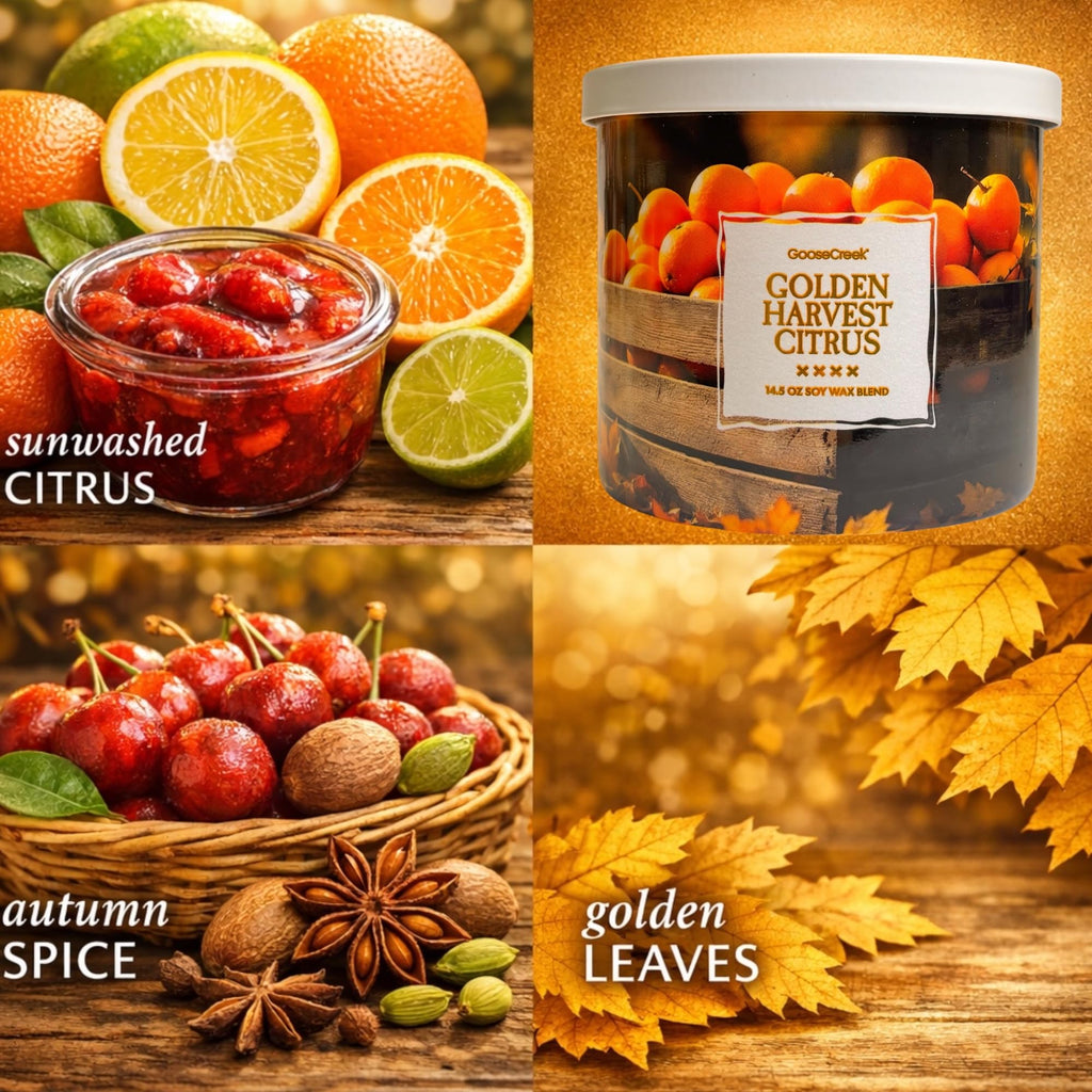 Golden Harvest Citrus 3-Wick Candle, 14.5 oz Soy Wax Blend, Sunwashed Citrus, Autumn Spice, Golden Leaves