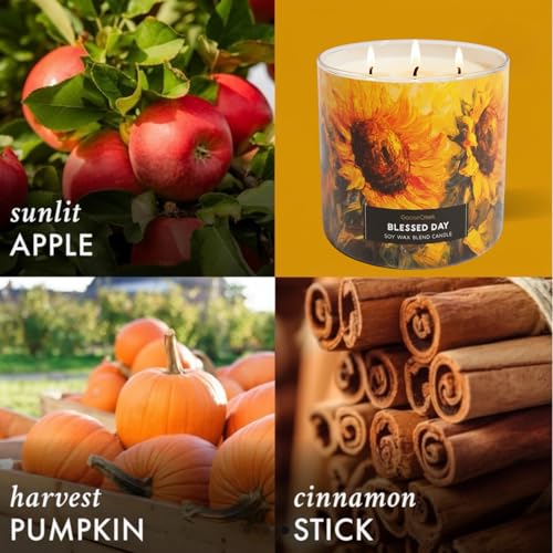 Blessed Day Soy Wax Blend Candle with Sunflower Design, Scented with Apples, Pumpkin, Cinnamon, Includes Artisanal Goat Soap Gift.