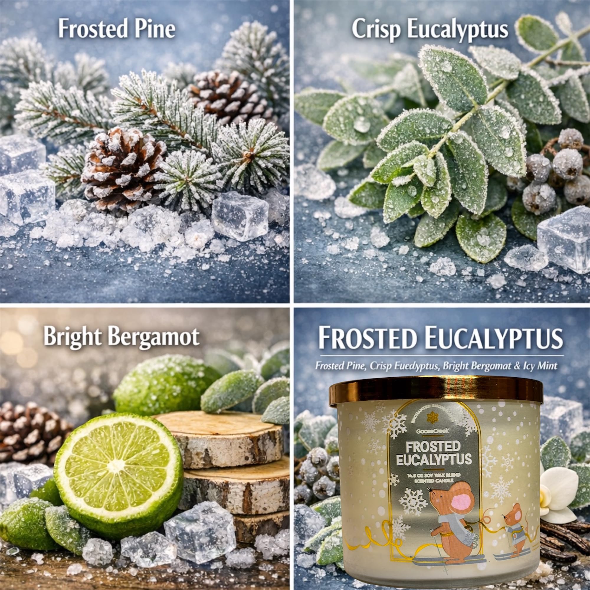 Frosted Eucalyptus 3-Wick Scented Candle, Soy Wax Blend, 14.5 oz, Frosted Pine, Crisp Eucalyptus, Bright Bergamot & ICY Mint