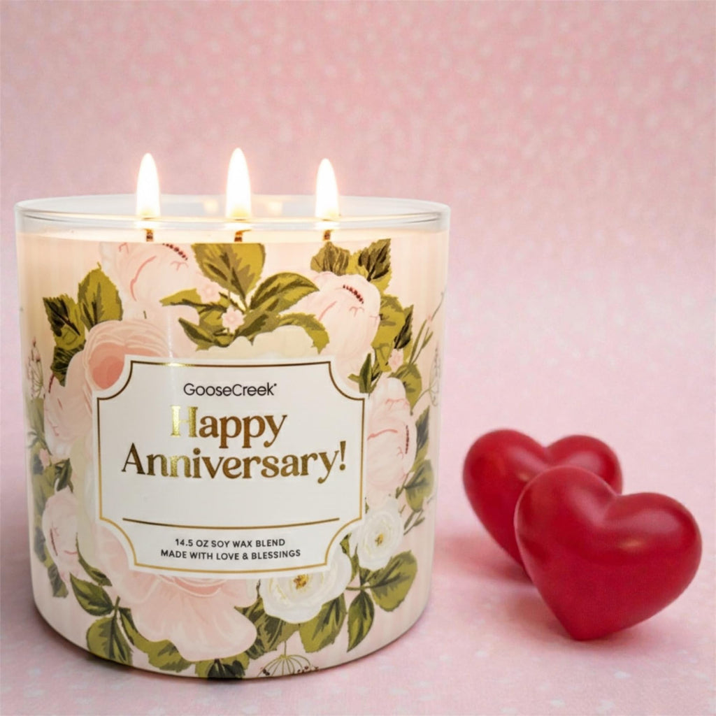 Goose Creek Happy Anniversary Candle, Soy Wax Blend, 14.5 oz, Three Wick, Floral Design