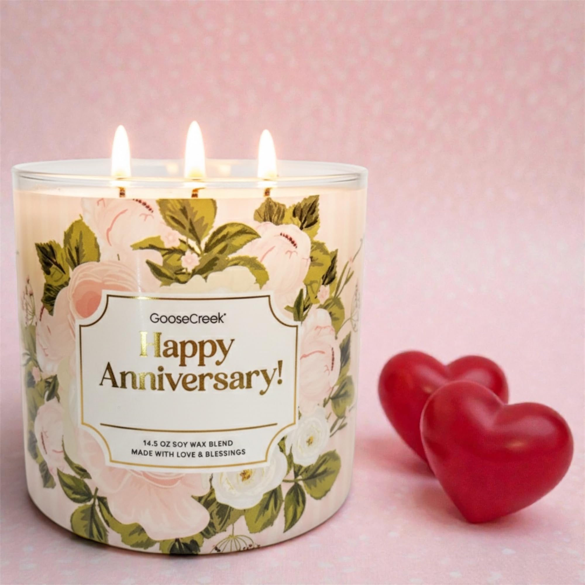 Goose Creek Happy Anniversary Candle, Soy Wax Blend, 14.5 oz, Three Wick, Floral Design
